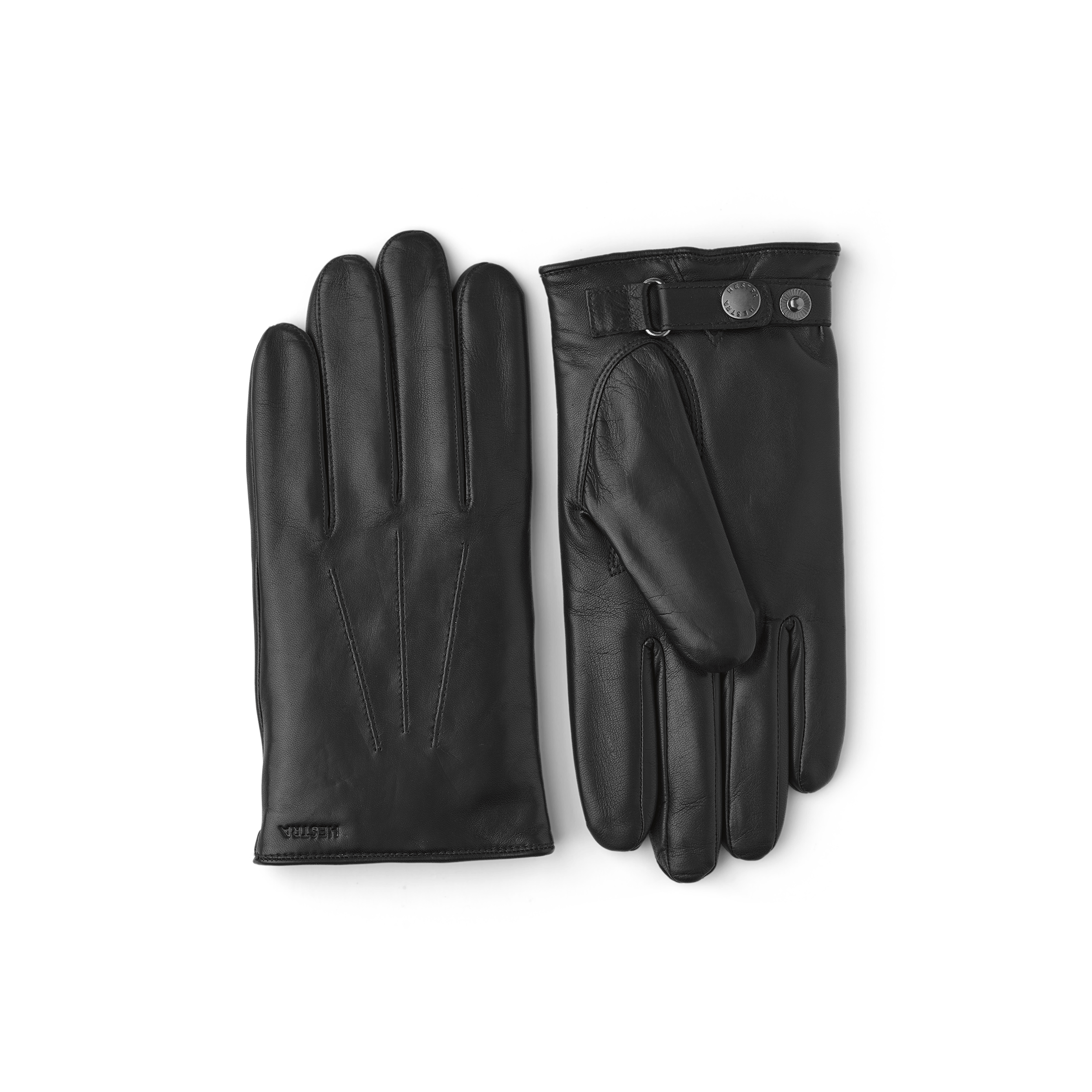 Black machine-sewn hairsheep leather glove with leather strap and button
 (1 of 4)