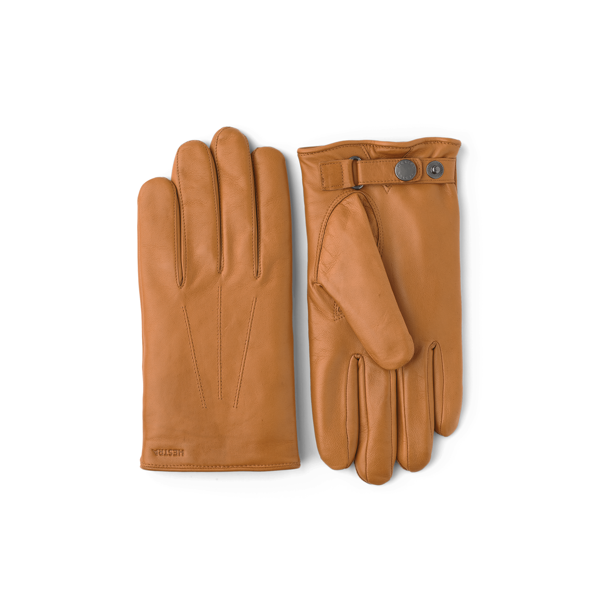 Light brownish-yellow machine-sewn hairsheep leather glove with leather strap and button
 (1 of 4)