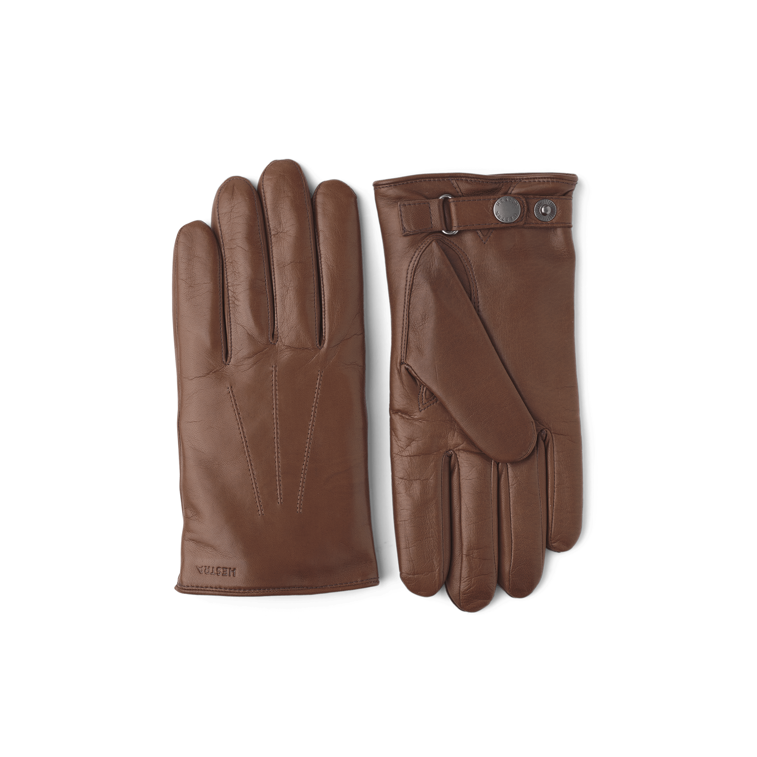 Brown machine-sewn hairsheep leather glove with leather strap and button
 (1 of 4)