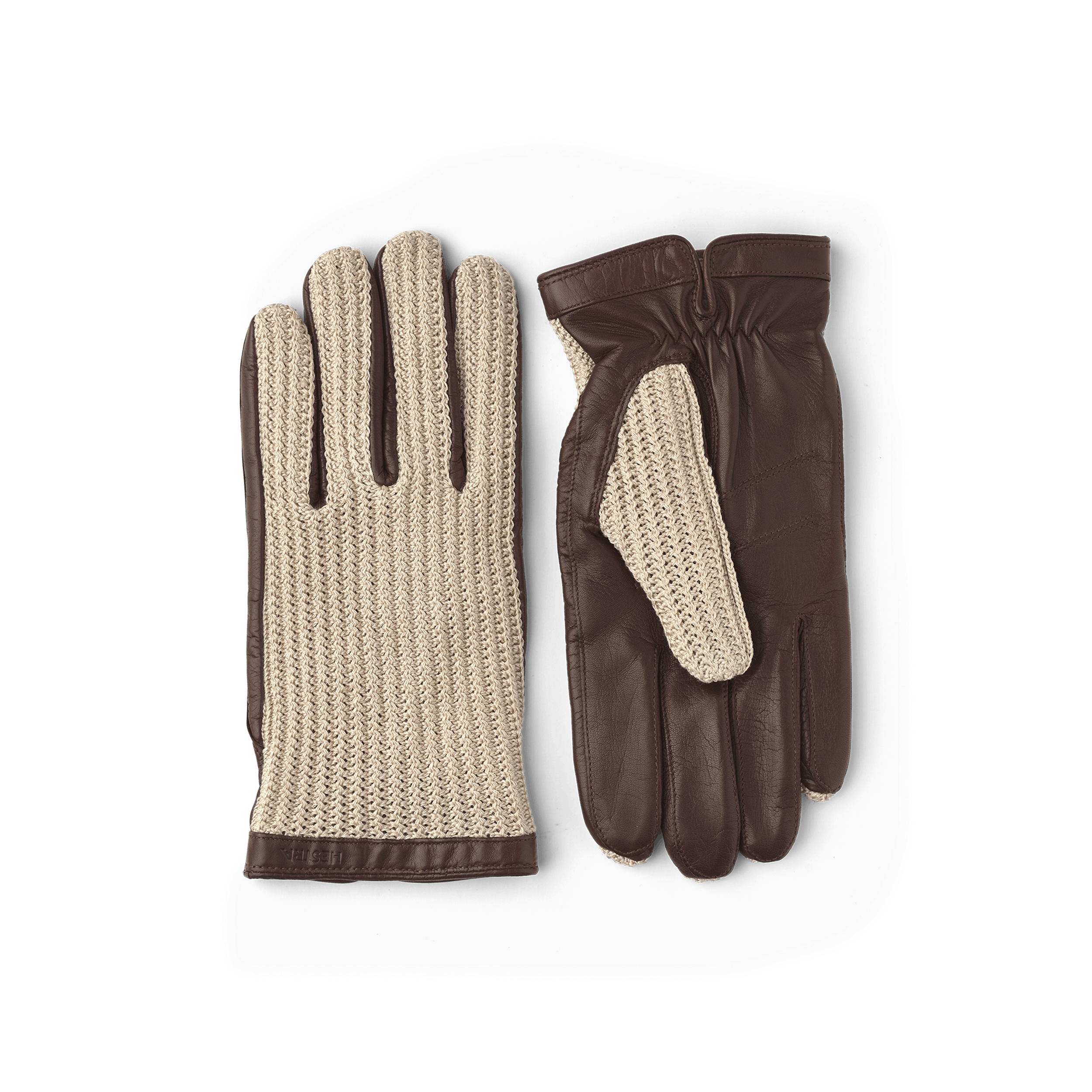 Brun maskinsydd skinnhandske med virkad bakhand i beige bomull
(1 av 5)