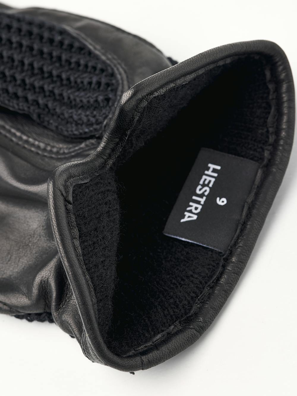 Schwarzer maschinengenähter Lederhandschuh mit gehäkelter Oberhand aus Baumwolle
 (4 oder 5)