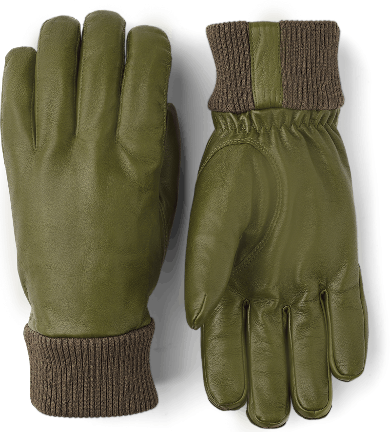 Moss green machine-sewn hairsheep leather glove with knitted cuff
 (1 of 4)