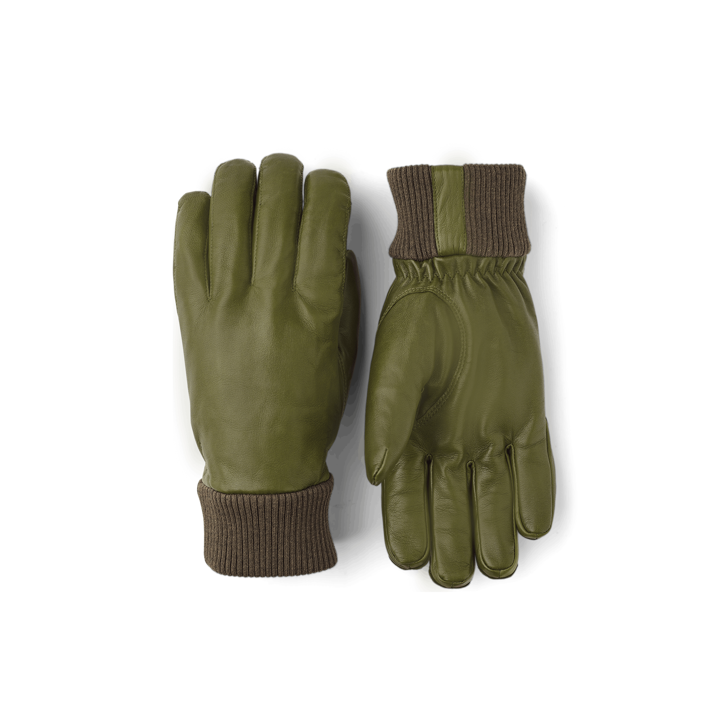 Moss green machine-sewn hairsheep leather glove with knitted cuff
(1 of 4)