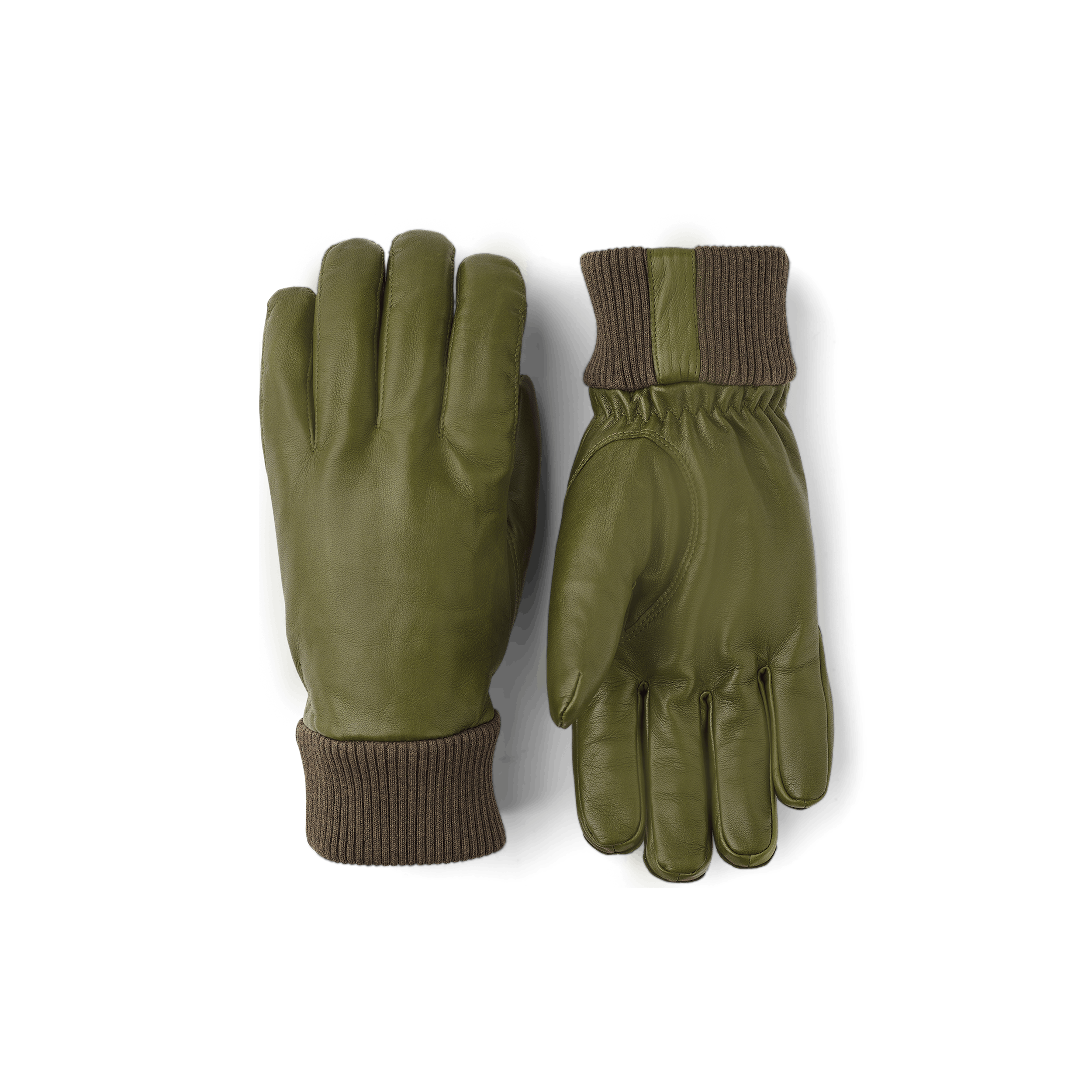 Moss green machine-sewn hairsheep leather glove with knitted cuff
 (1 of 4)