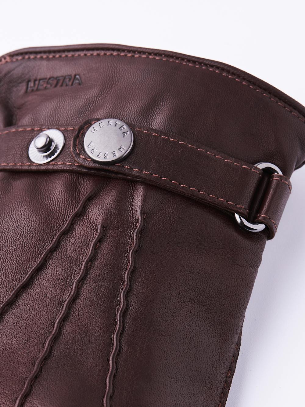 Brown hand-sewn hairsheep leather glove with leather strap and button
 (3 of 3)