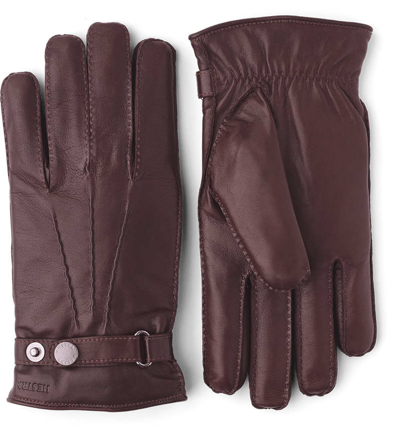 Brown hand-sewn hairsheep leather glove with leather strap and button
 (1 of 3)