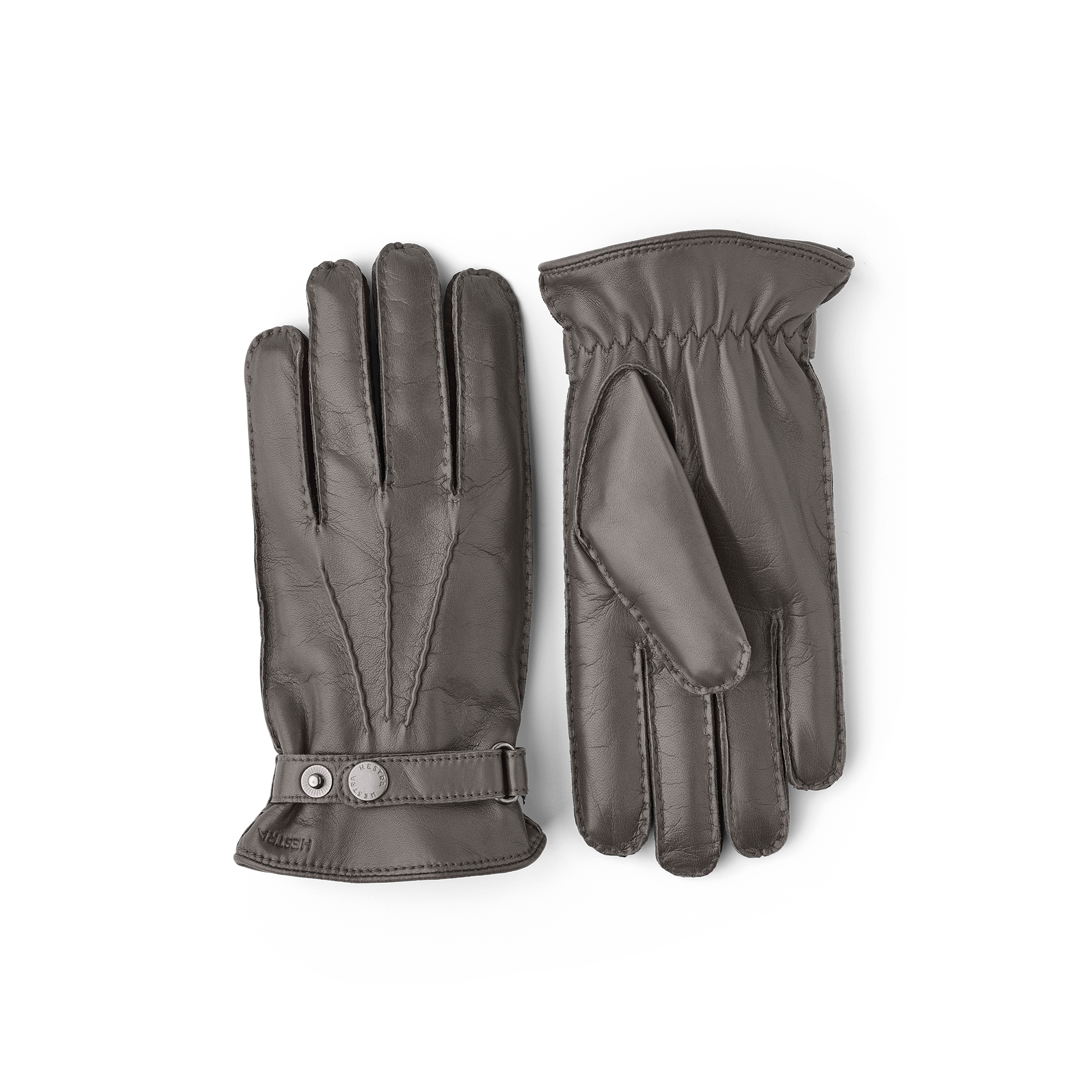 Gray hand-sewn hairsheep leather glove with leather strap and button
 (1 of 2)