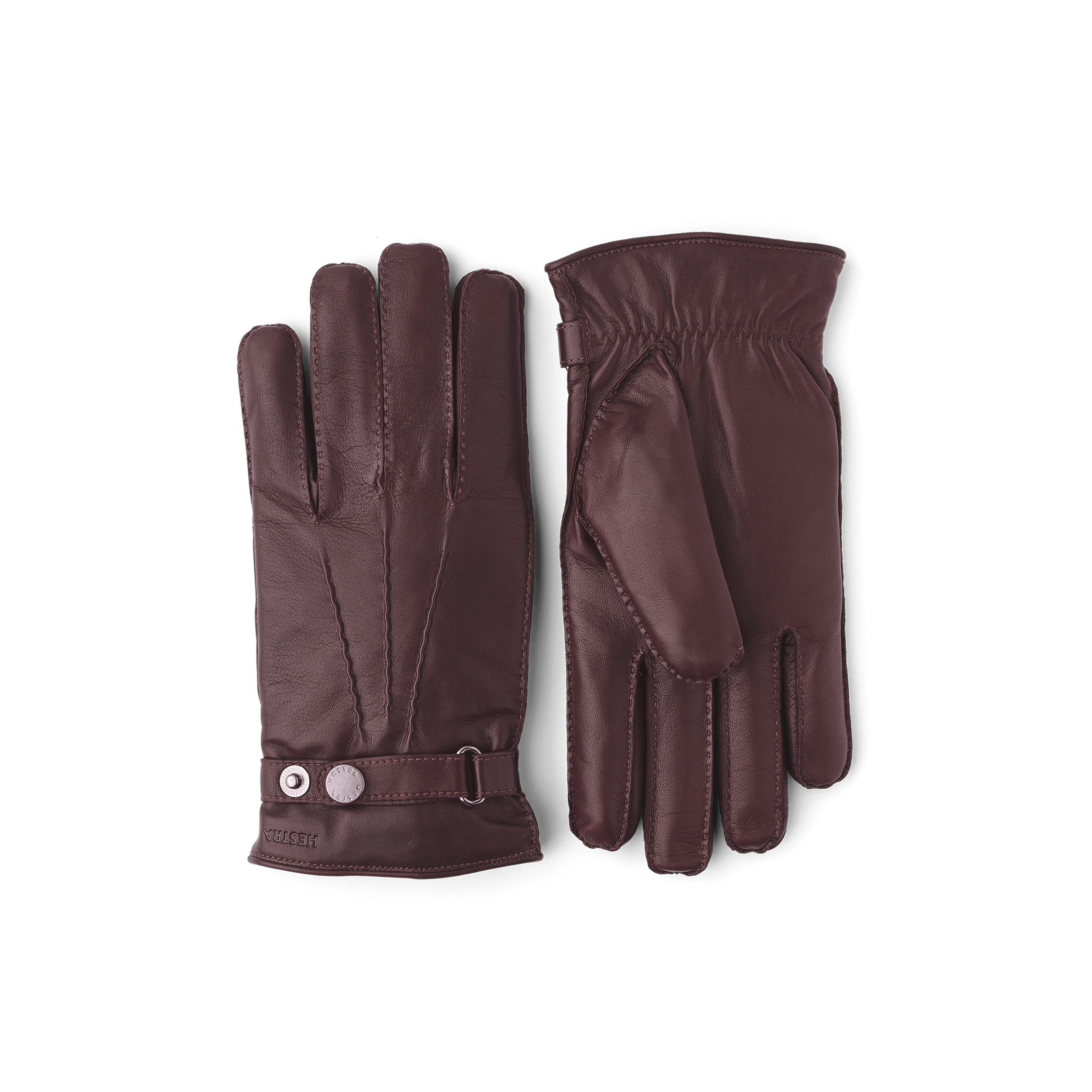 Brauner handgenähter Handschuh aus Haarschafleder mit Lederriegel und Knopf
(1 oder 3)