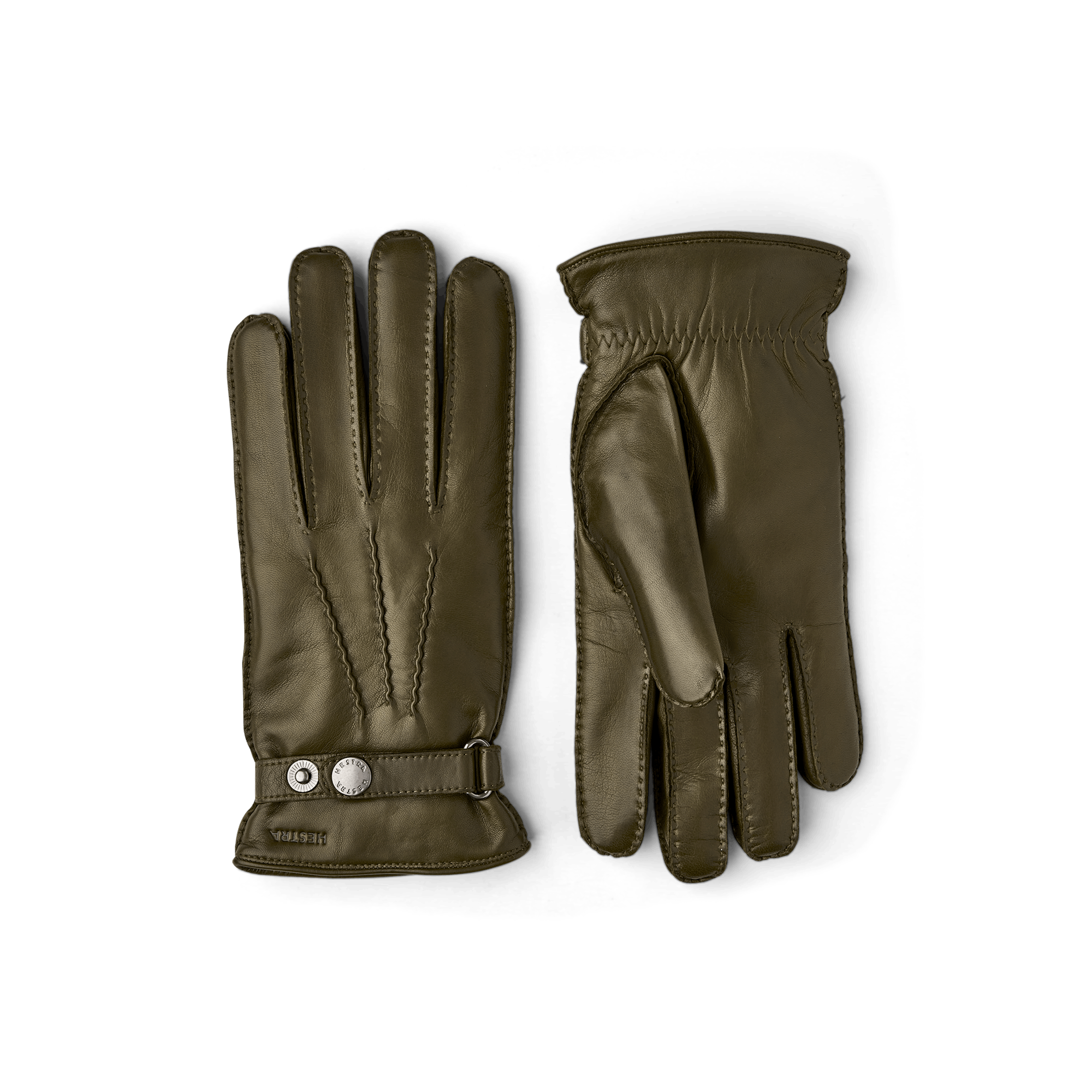 Moss green hand-sewn hairsheep leather glove with leather strap and button
(1 of 4)