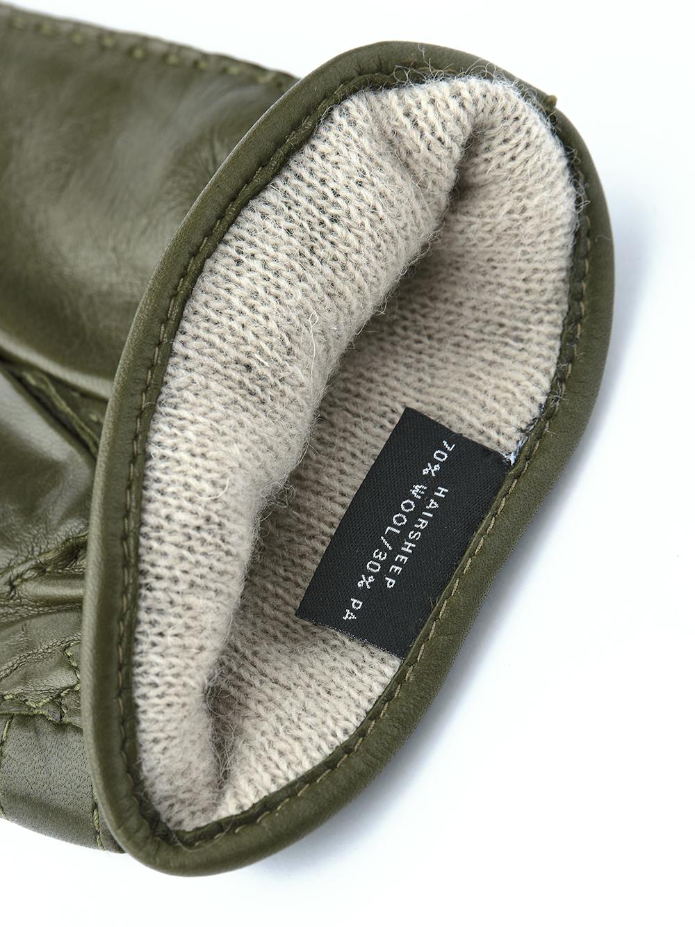 Moss green hand-sewn hairsheep leather glove with leather strap and button
 (4 of 4)