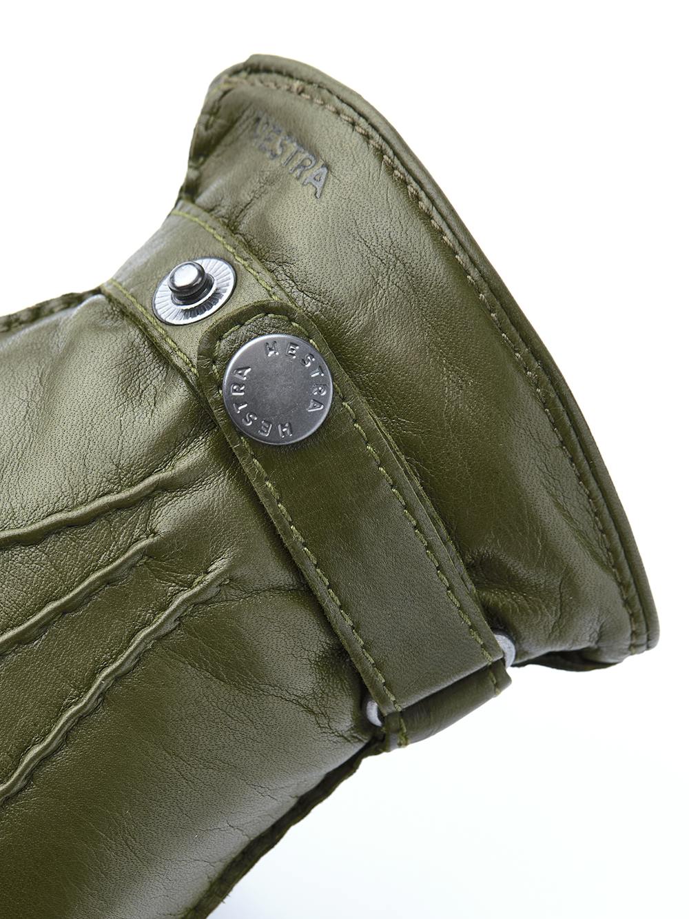Moss green hand-sewn hairsheep leather glove with leather strap and button
 (2 of 4)