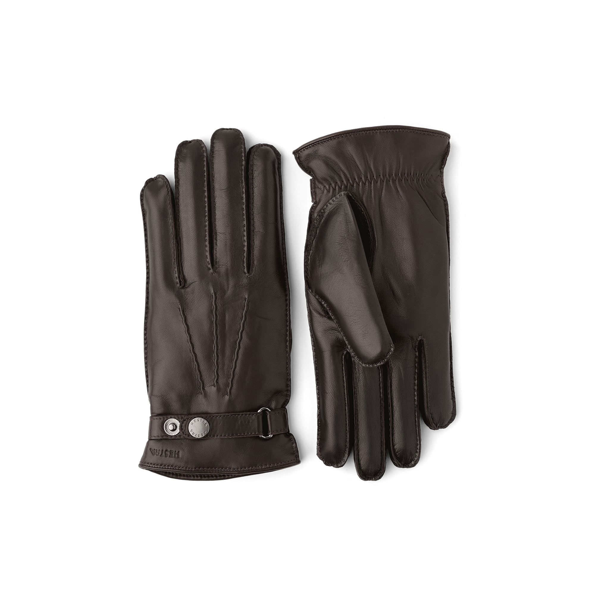 Dark brown hand-sewn hairsheep leather glove with leather strap and button
 (1 of 4)