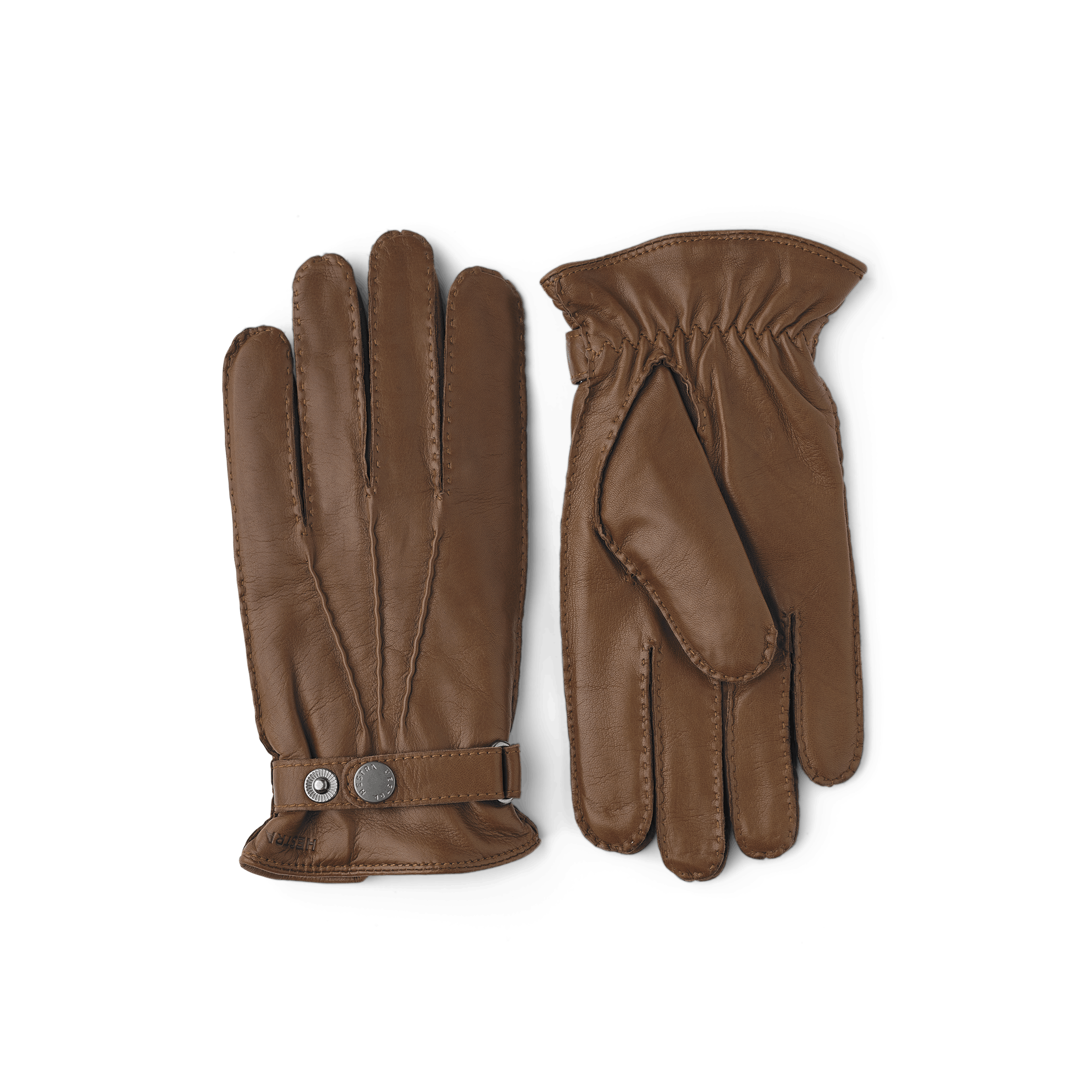 Light brown hand-sewn hairsheep leather glove with leather strap and button
(1 of 4)