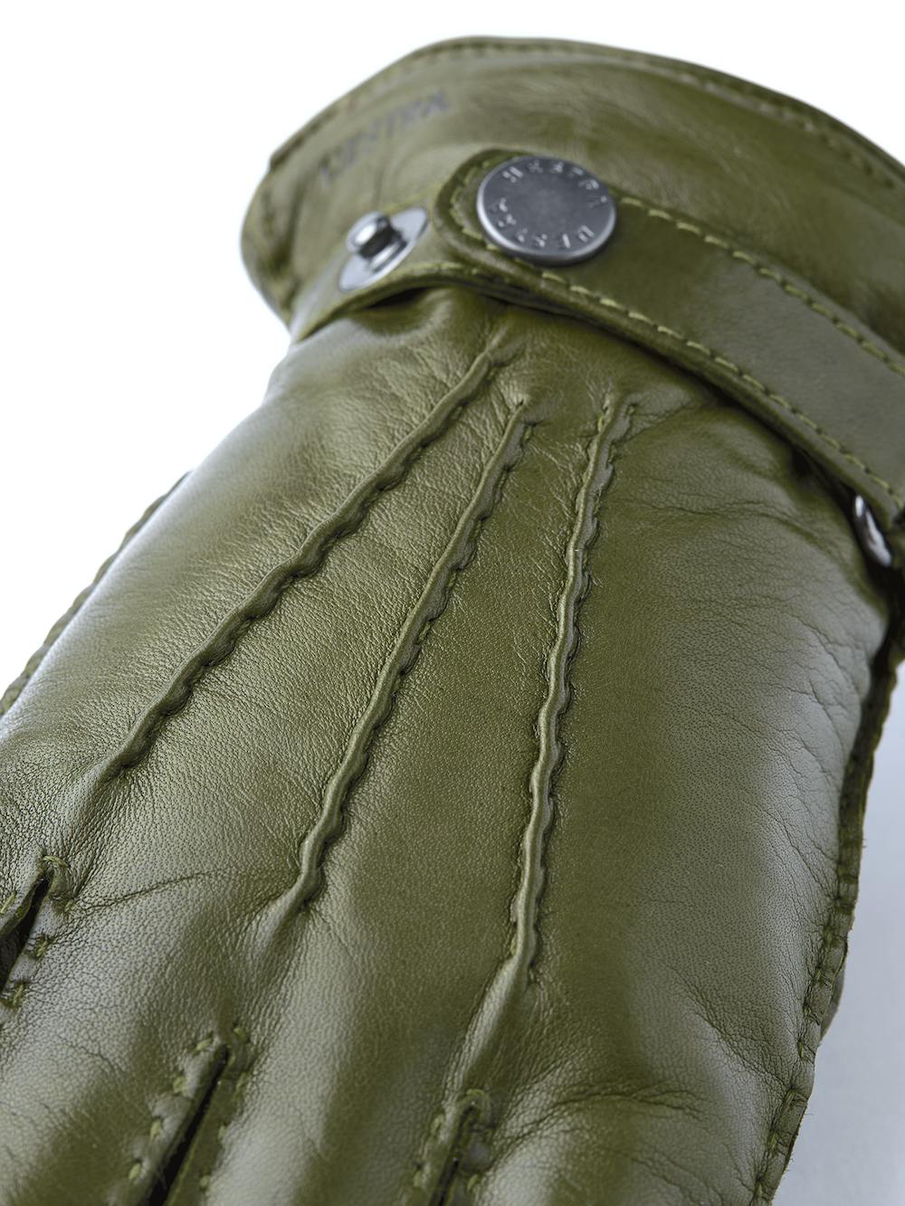 Moss green hand-sewn hairsheep leather glove with leather strap and button
 (3 of 4)