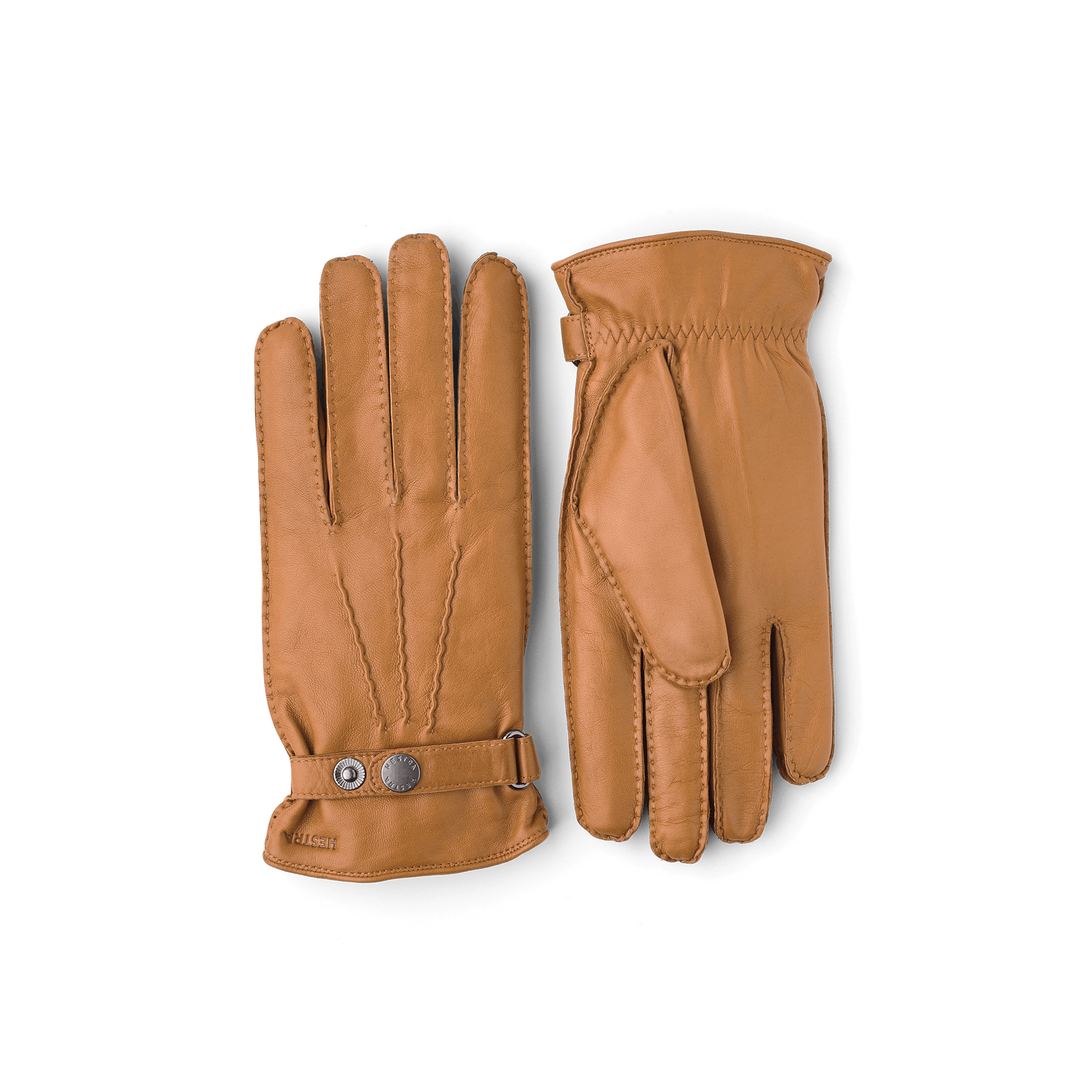 Light brownish-yellow hand-sewn hairsheep leather glove with leather strap and button
 (1 of 4)