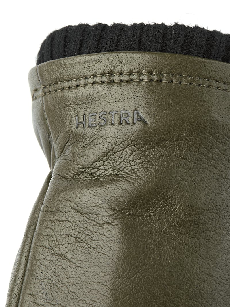Moss green machine-sewn hairsheep leather glove with knitted cuff
 (3 of 4)