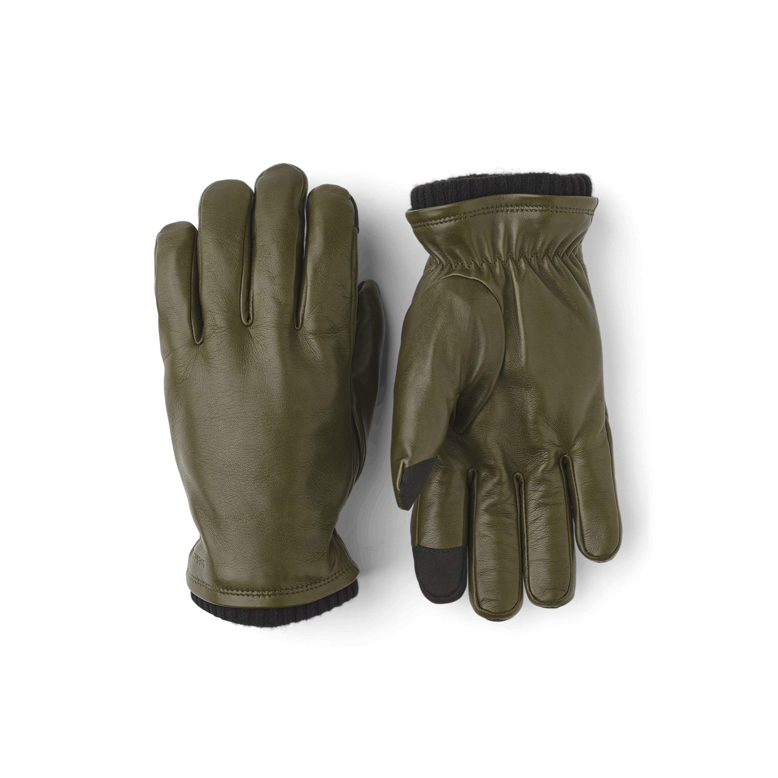 Moss green machine-sewn hairsheep leather glove with knitted cuff
 (1 of 4)