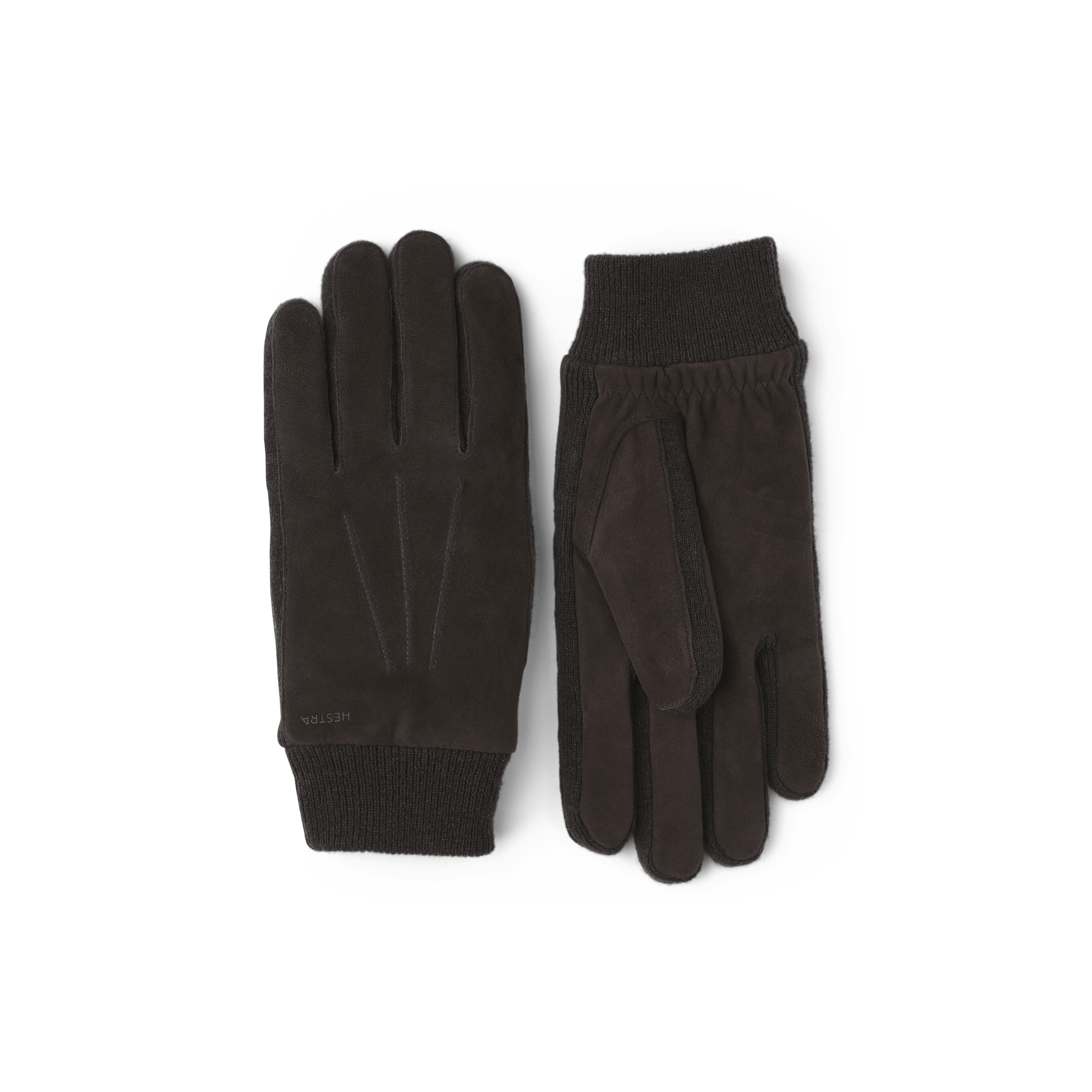 Mörkbrun maskinsydd handske i mocka med stickad mudd och sidor
 (1 av 4)