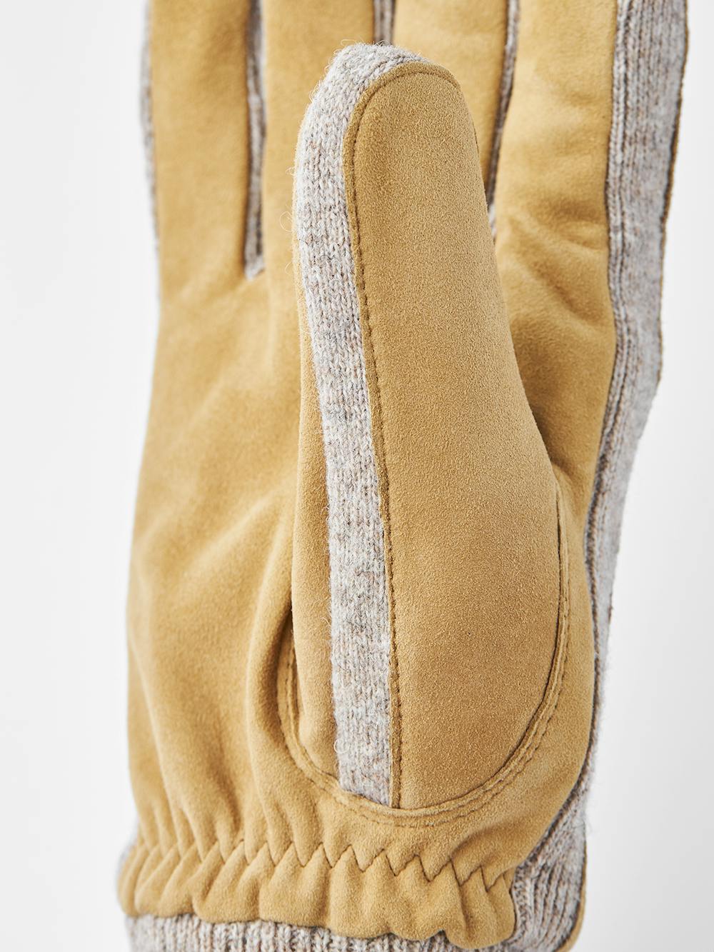 Dark beige machine-sewn suede glove with beige knitted cuff and sides
 (6 of 7)