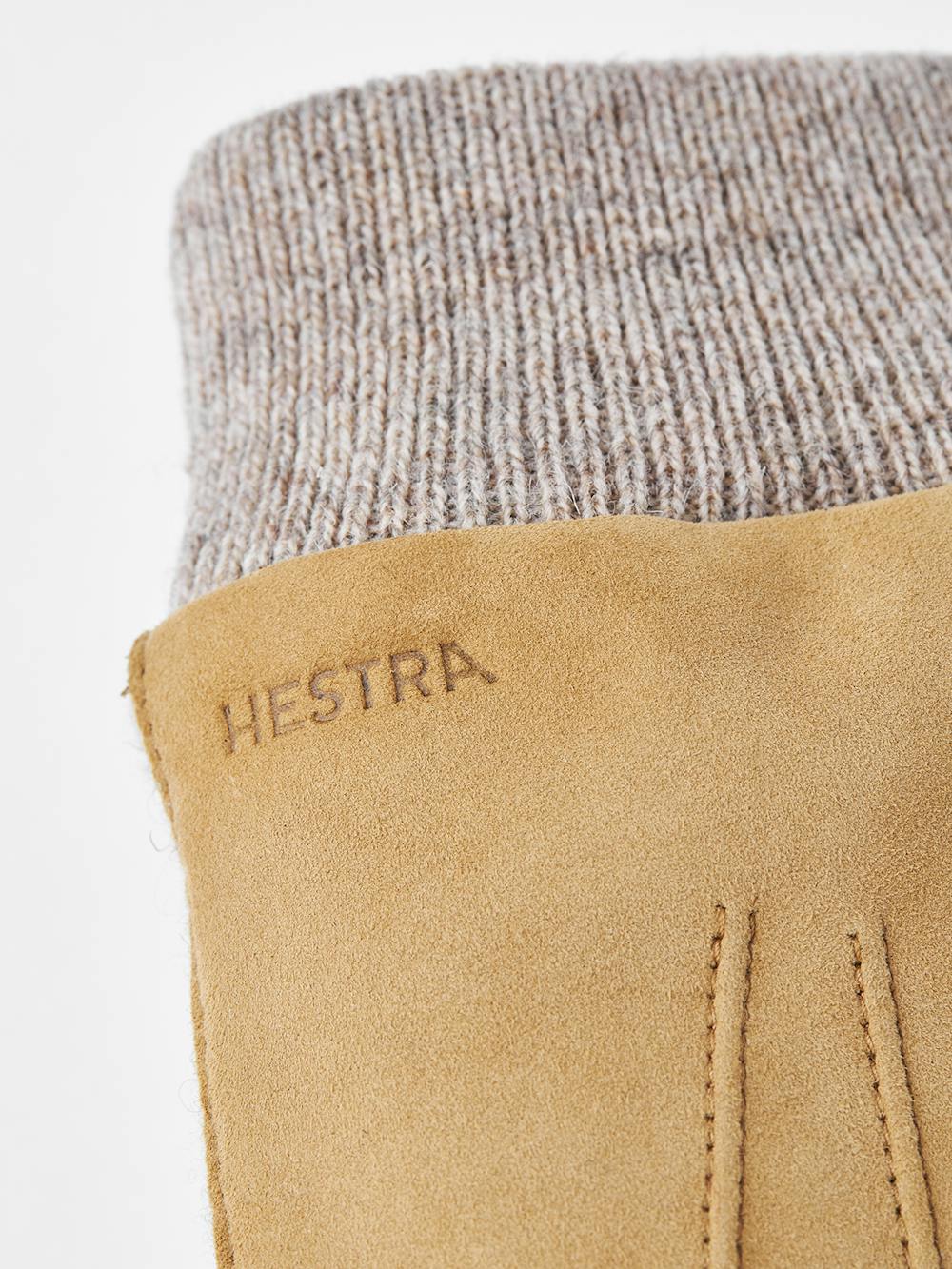 Dark beige machine-sewn suede glove with beige knitted cuff and sides
 (3 of 7)