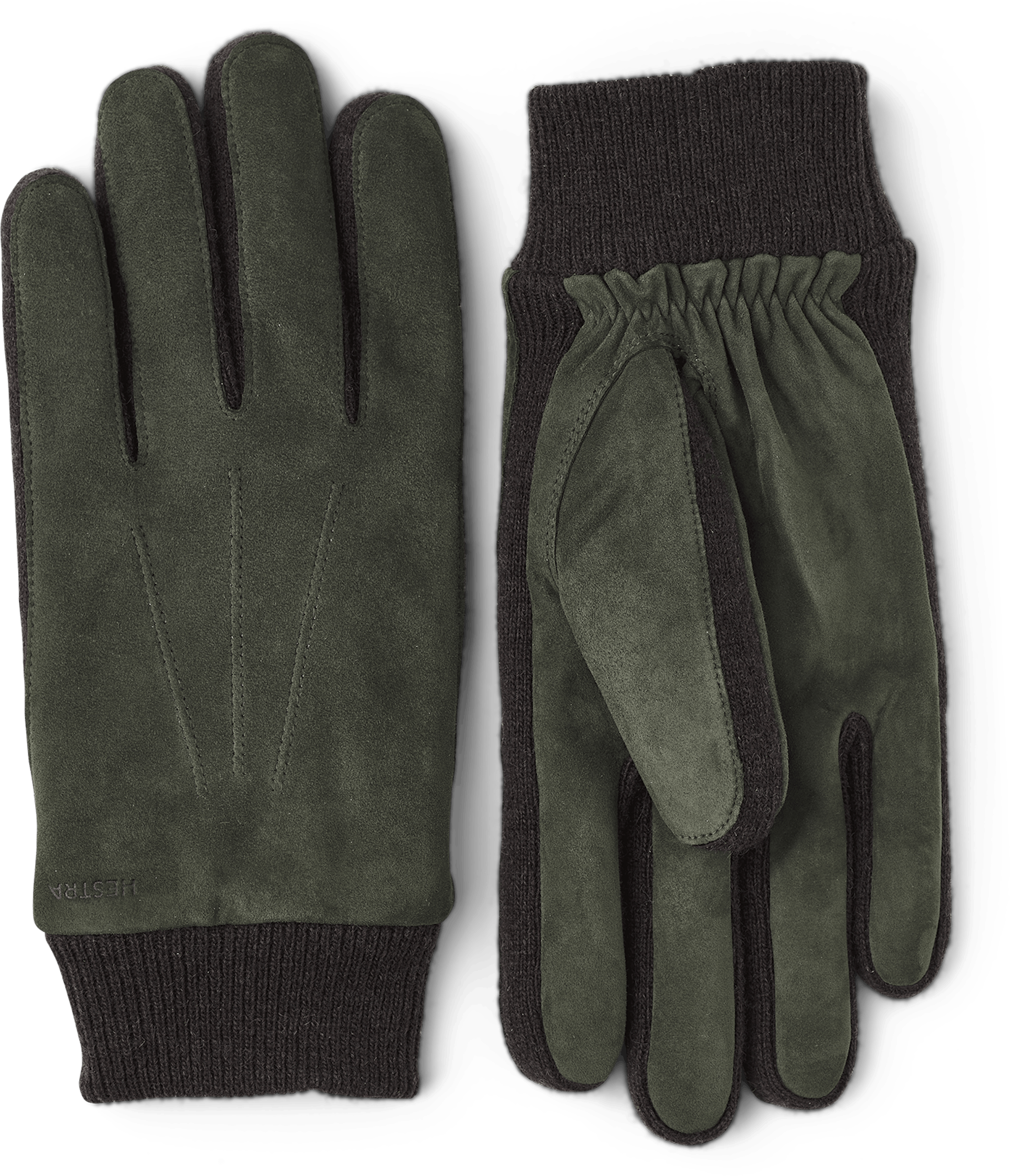 Dark green machine-sewn suede glove with knitted cuff and sides
 (1 of 4)