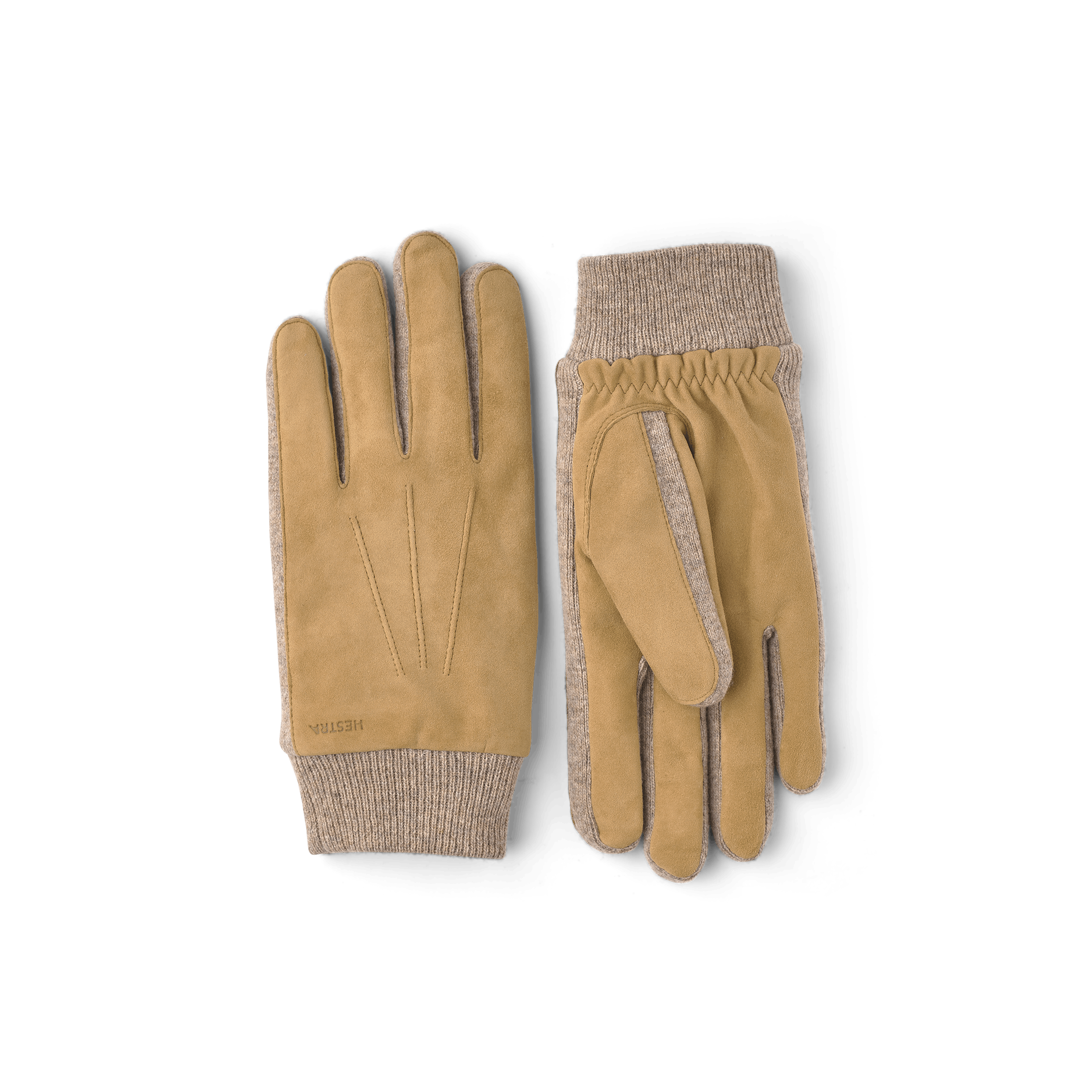 Dark beige machine-sewn suede glove with beige knitted cuff and sides
(1 of 7)