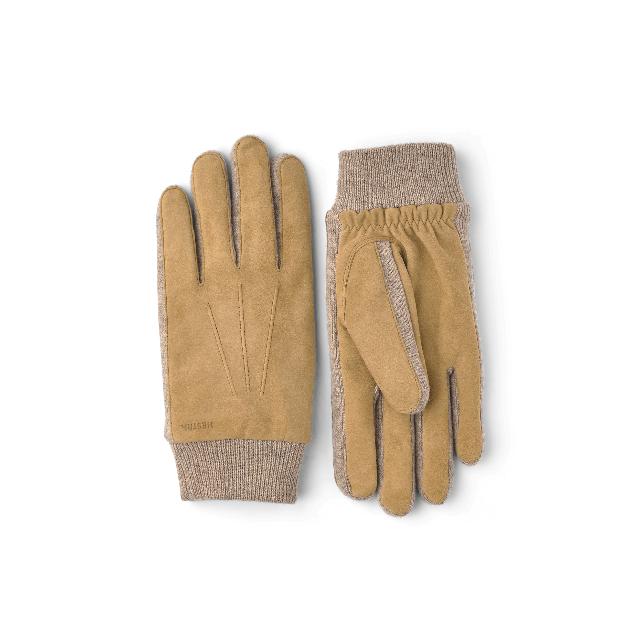 Dark beige machine-sewn suede glove with beige knitted cuff and sides
 (1 of 7)