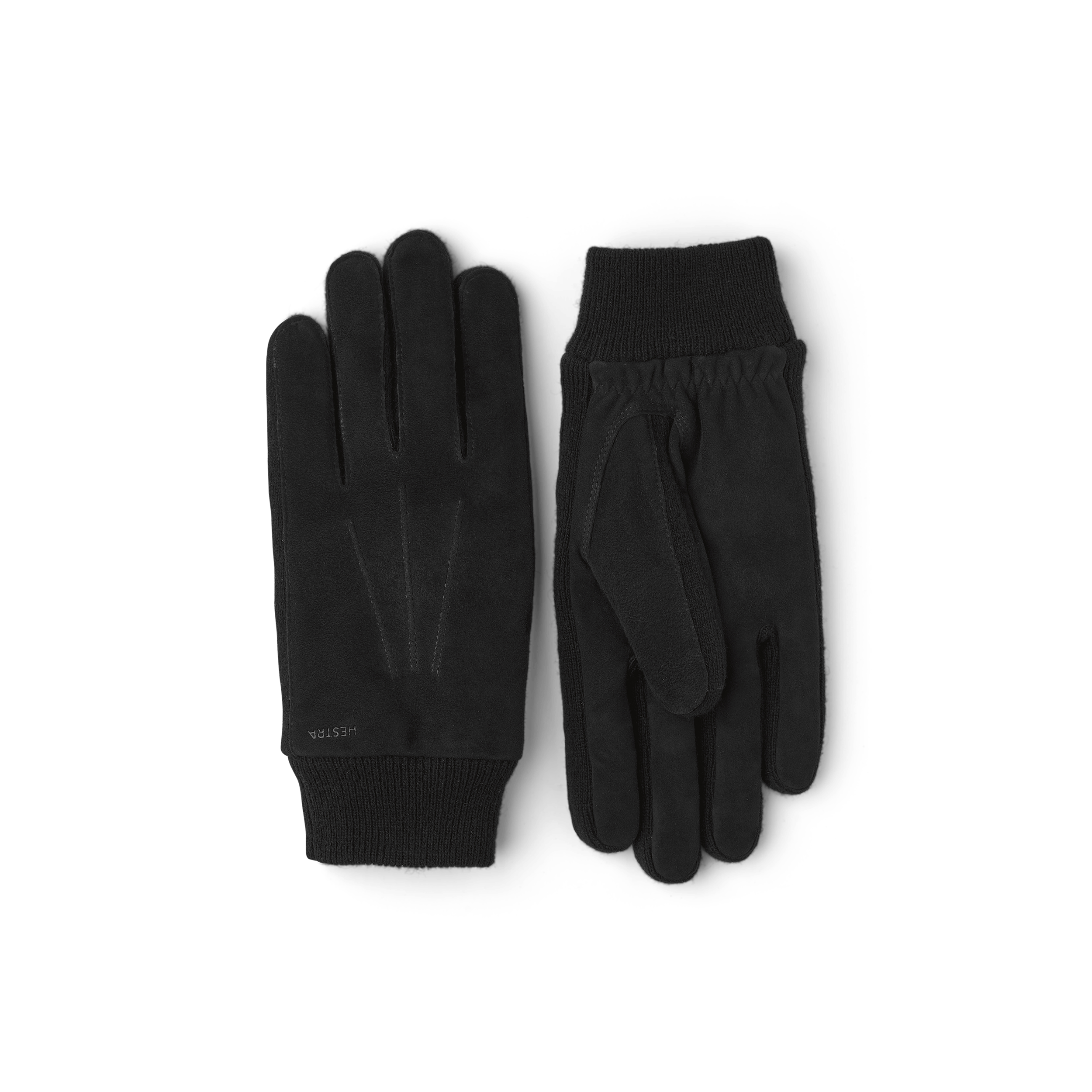 Black machine-sewn suede glove with knitted cuff and sides
 (1 of 4)