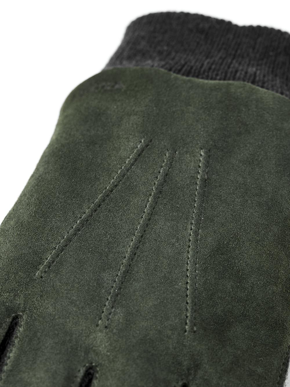 Dark green machine-sewn suede glove with knitted cuff and sides
(3 of 4)