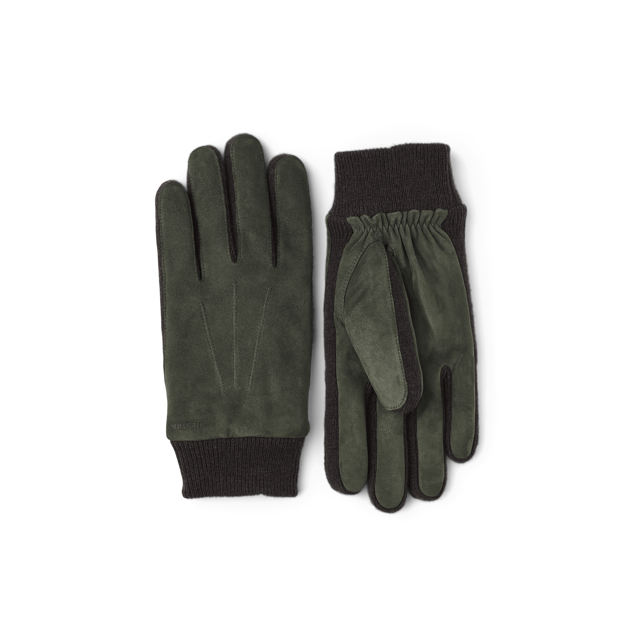 Dark green machine-sewn suede glove with knitted cuff and sides
 (1 of 4)