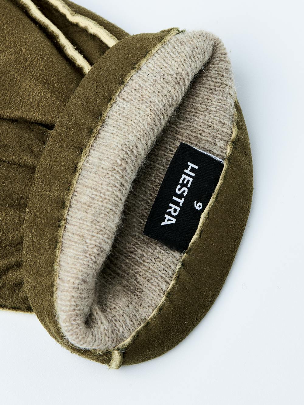 Moss green suede protective glove with elasticated wrist
(3 of 3)