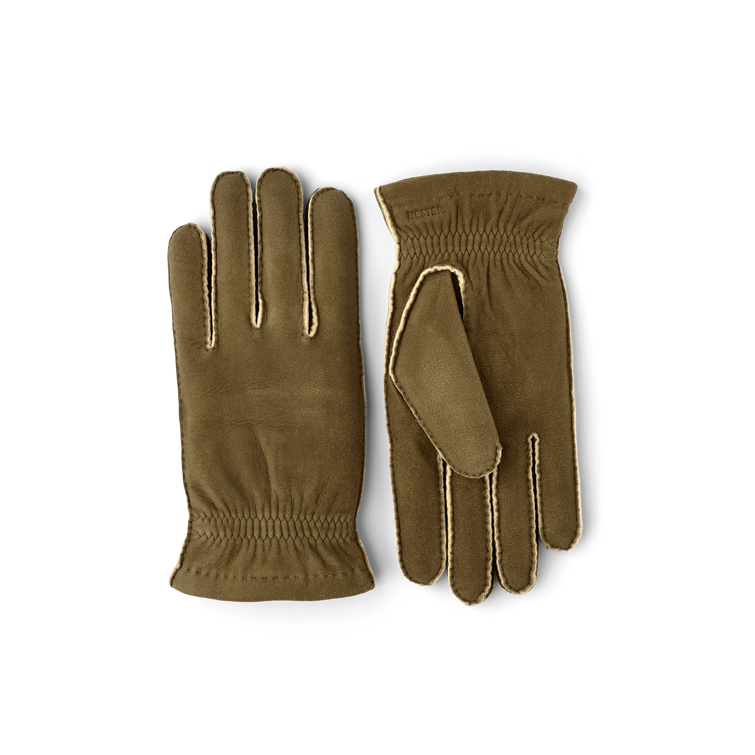 Moss green suede protective glove with elasticated wrist
 (1 of 3)