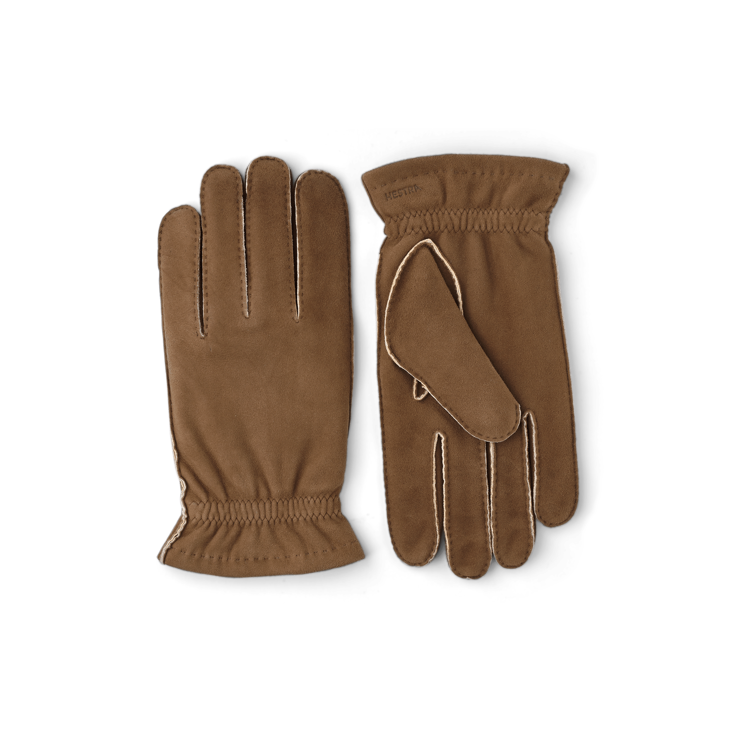 Brauner handgenähter Handschuh aus Wildleder mit Gummizug am Handgelenk
 (1 oder 4)