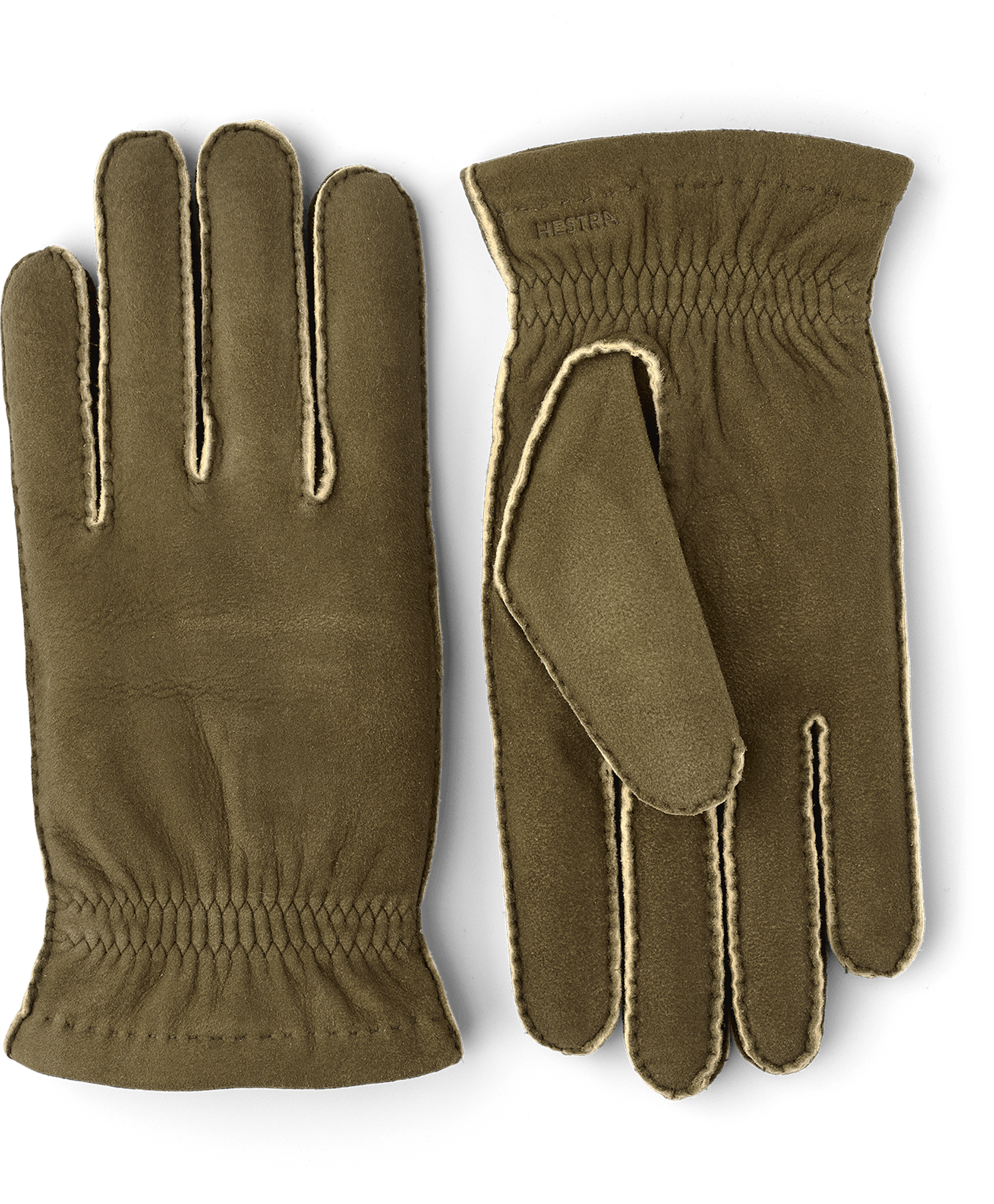 Moss green suede protective glove with elasticated wrist
 (1 of 3)