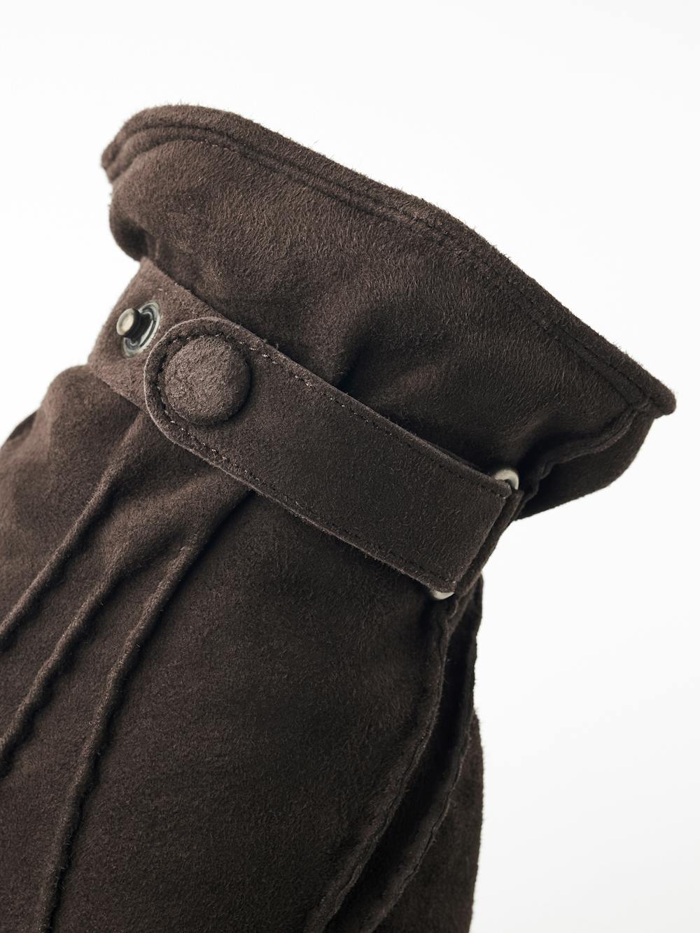 Dark brown hand-sewn suede glove with leather strap and button
 (4 of 5)
