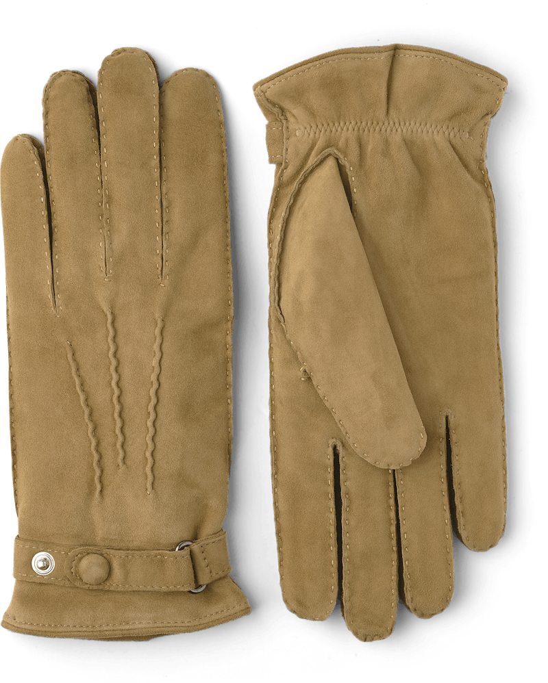 Dark beige hand-sewn suede glove with leather strap and button
 (1 of 4)
