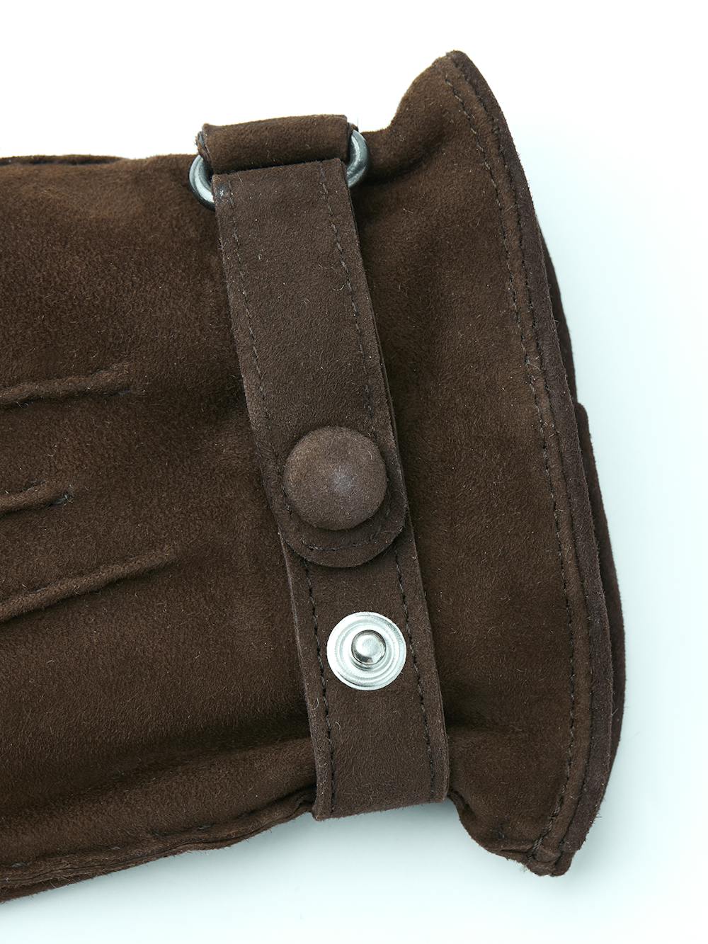 Brown hand-sewn suede glove with leather strap and button
 (3 of 4)