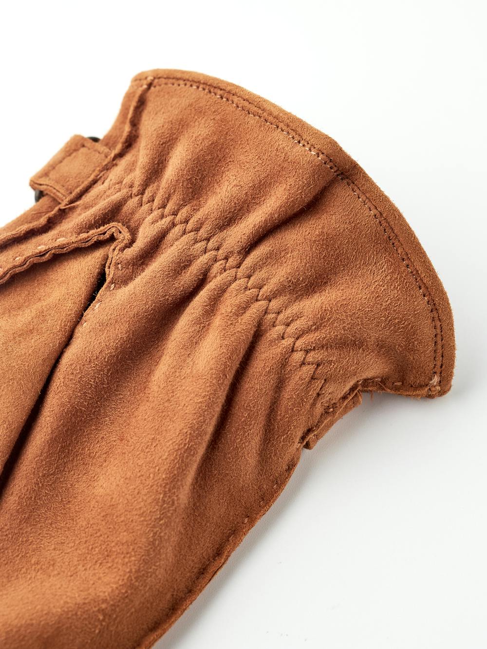 Light brown hand-sewn suede glove with leather strap and button
(6 of 7)