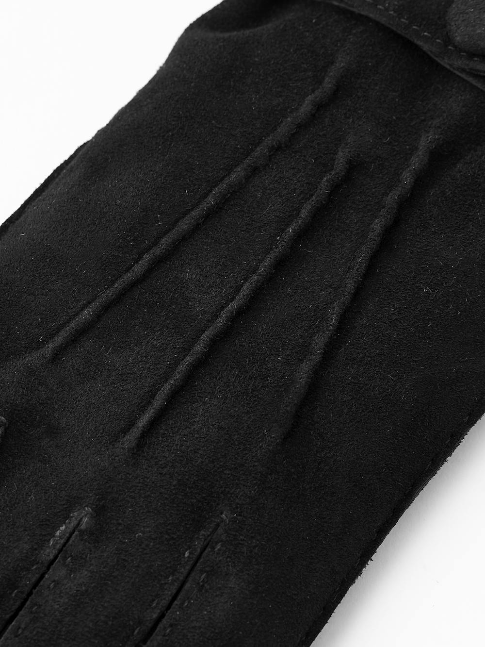 Svart handsydd handske i mocka med läderrem och knapp
 (2 av 4)