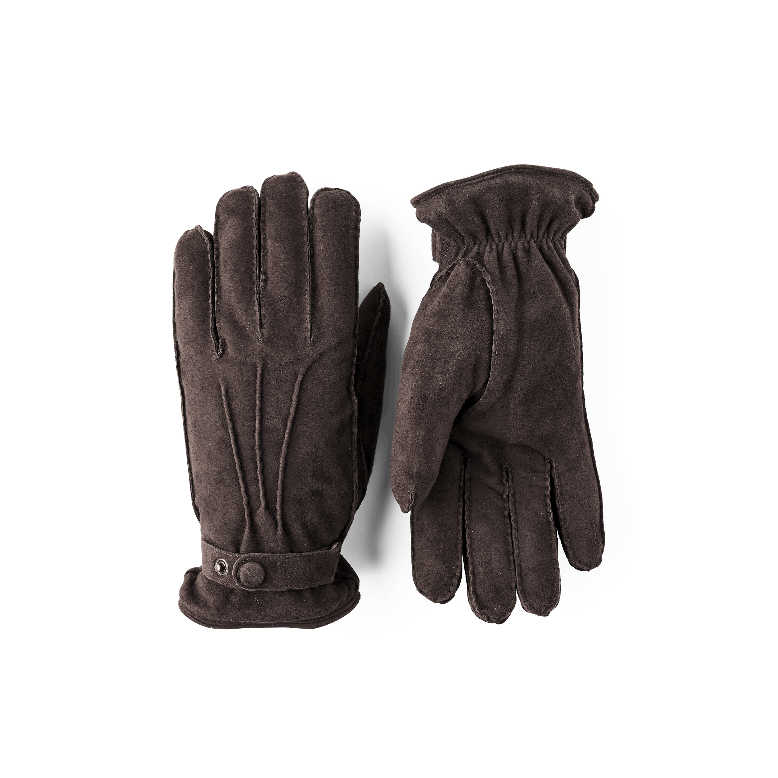 Dark brown hand-sewn suede glove with leather strap and button
 (1 of 5)