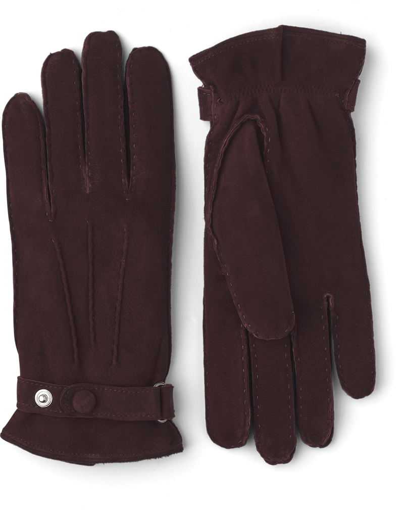Brown hand-sewn suede glove with leather strap and button
 (1 of 4)