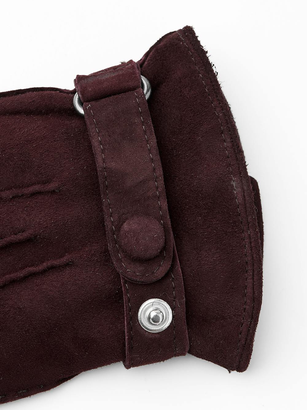 Brown hand-sewn suede glove with leather strap and button
(3 of 4)