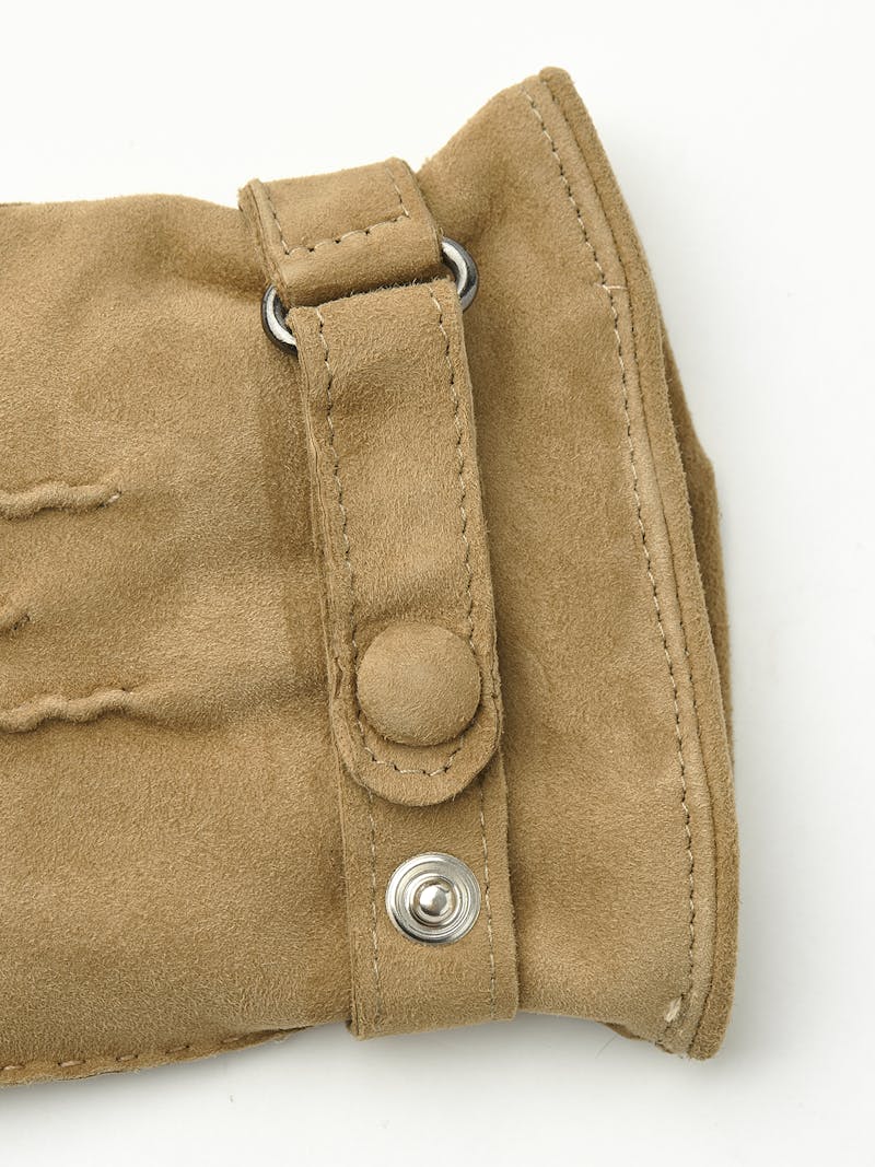 Dark beige hand-sewn suede glove with leather strap and button
 (3 of 4)