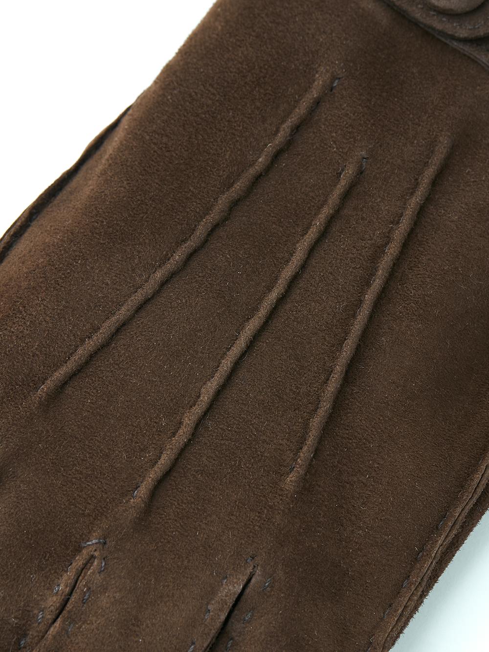Brown hand-sewn suede glove with leather strap and button
 (2 of 4)