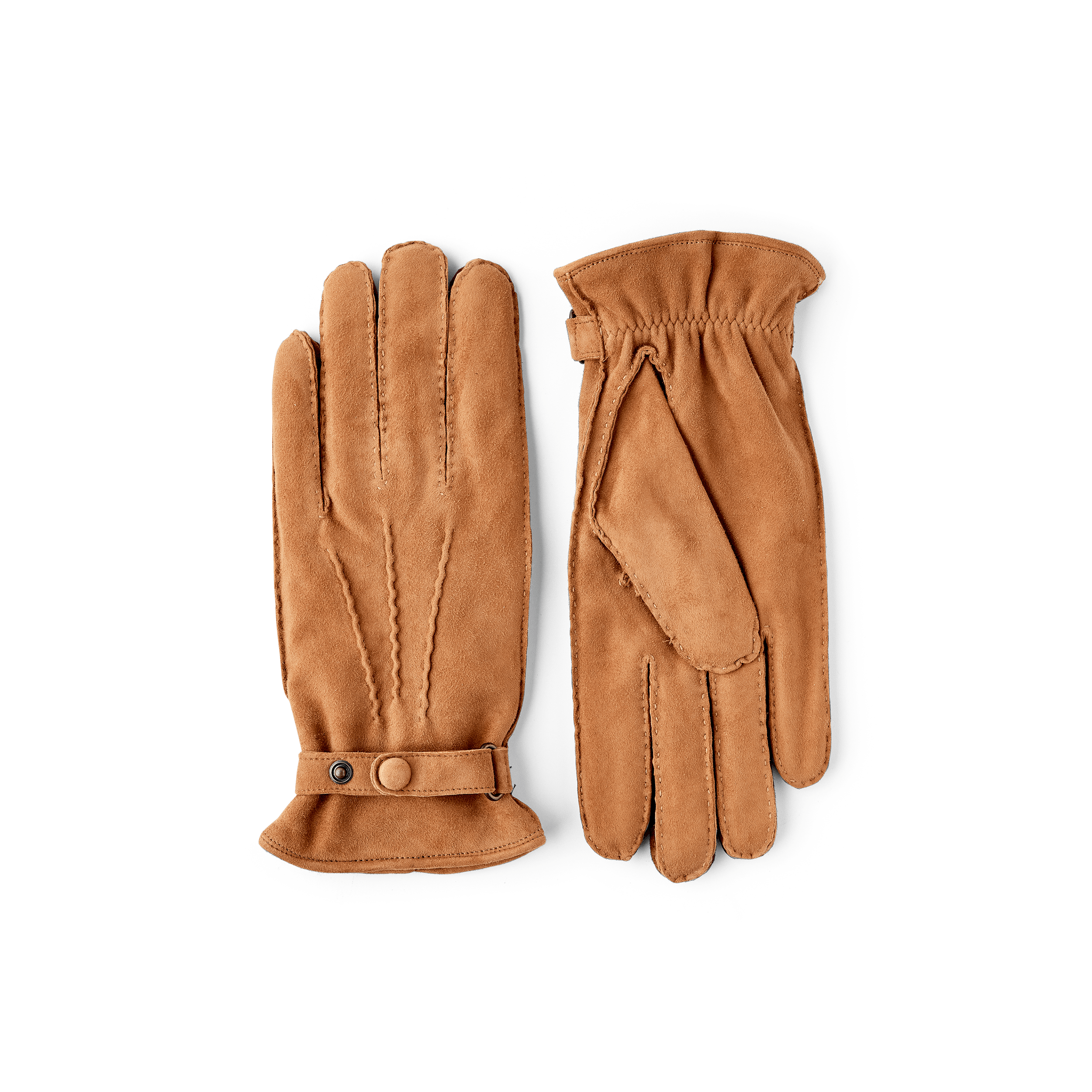 Light brown hand-sewn suede glove with leather strap and button
 (1 of 7)