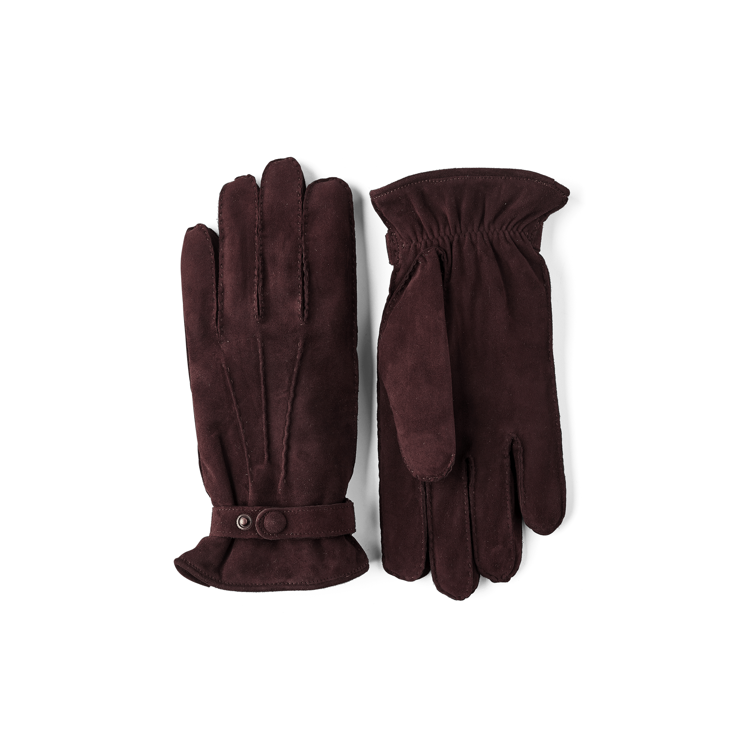 Brown hand-sewn suede glove with leather strap and button
(1 of 4)