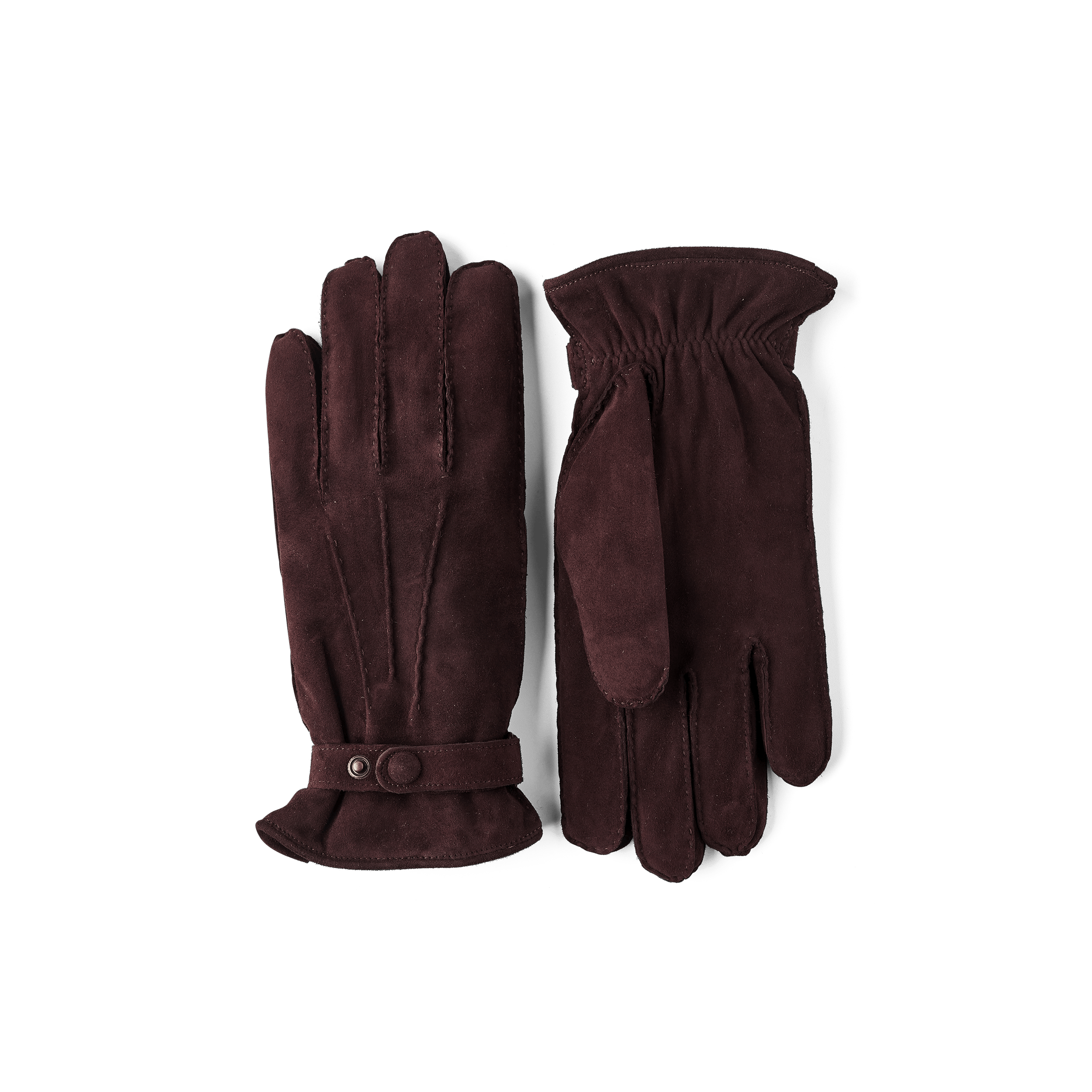 Brown hand-sewn suede glove with leather strap and button
 (1 of 4)