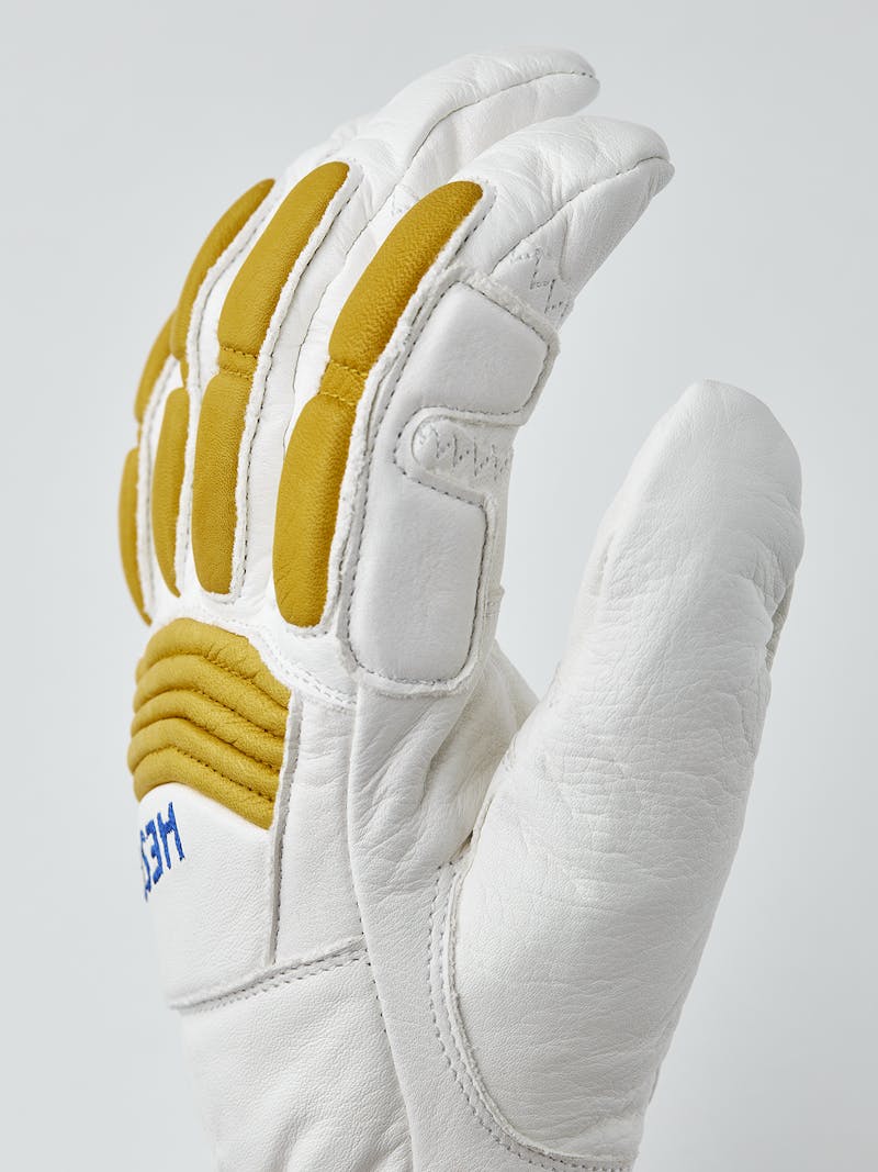White goat leather ski glove with yellow backhand protection and adjustable opening
 (2 of 5)
