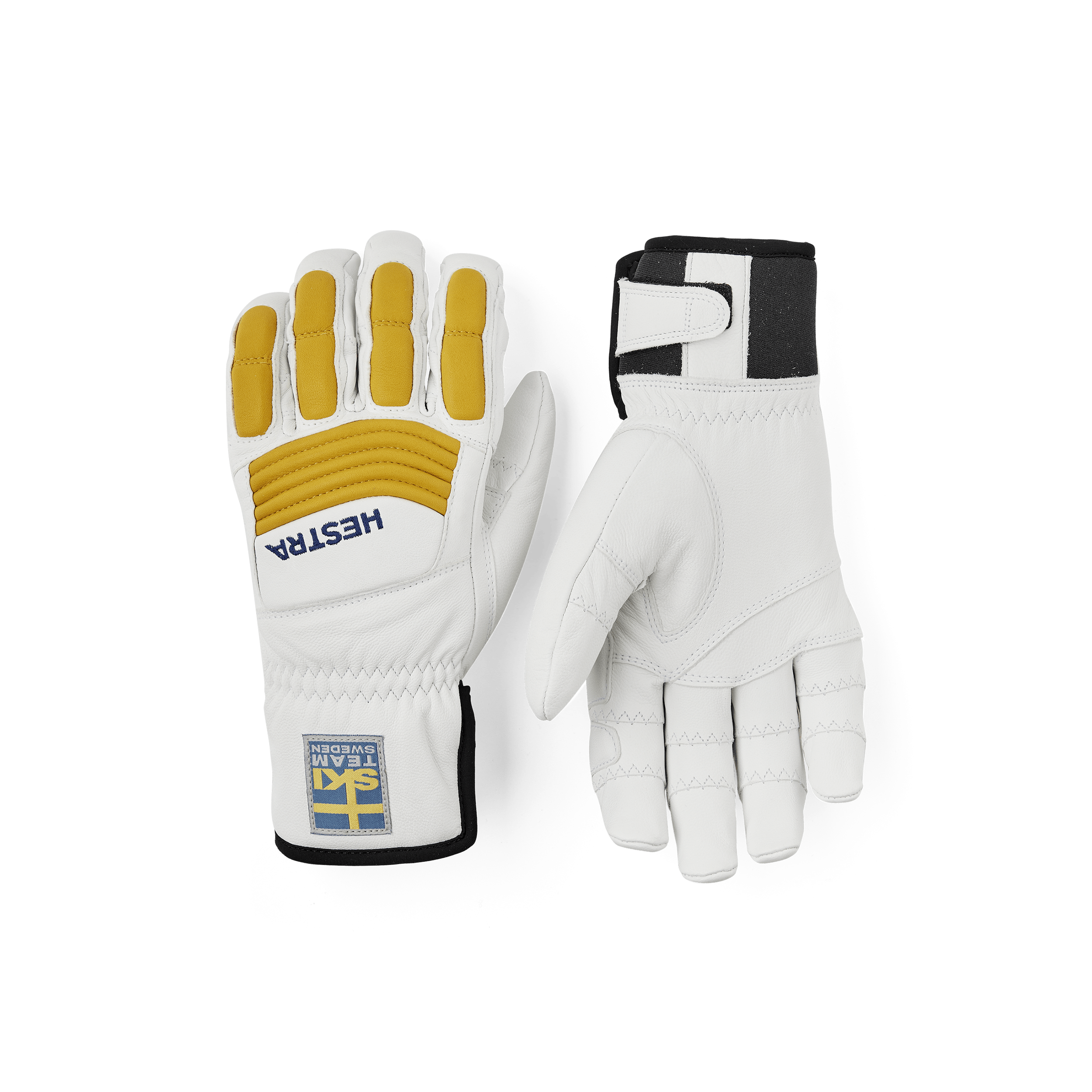 Vit skidhandske i getskinn med gula skydd på ovanhanden och justerbar öppning
 (1 av 5)