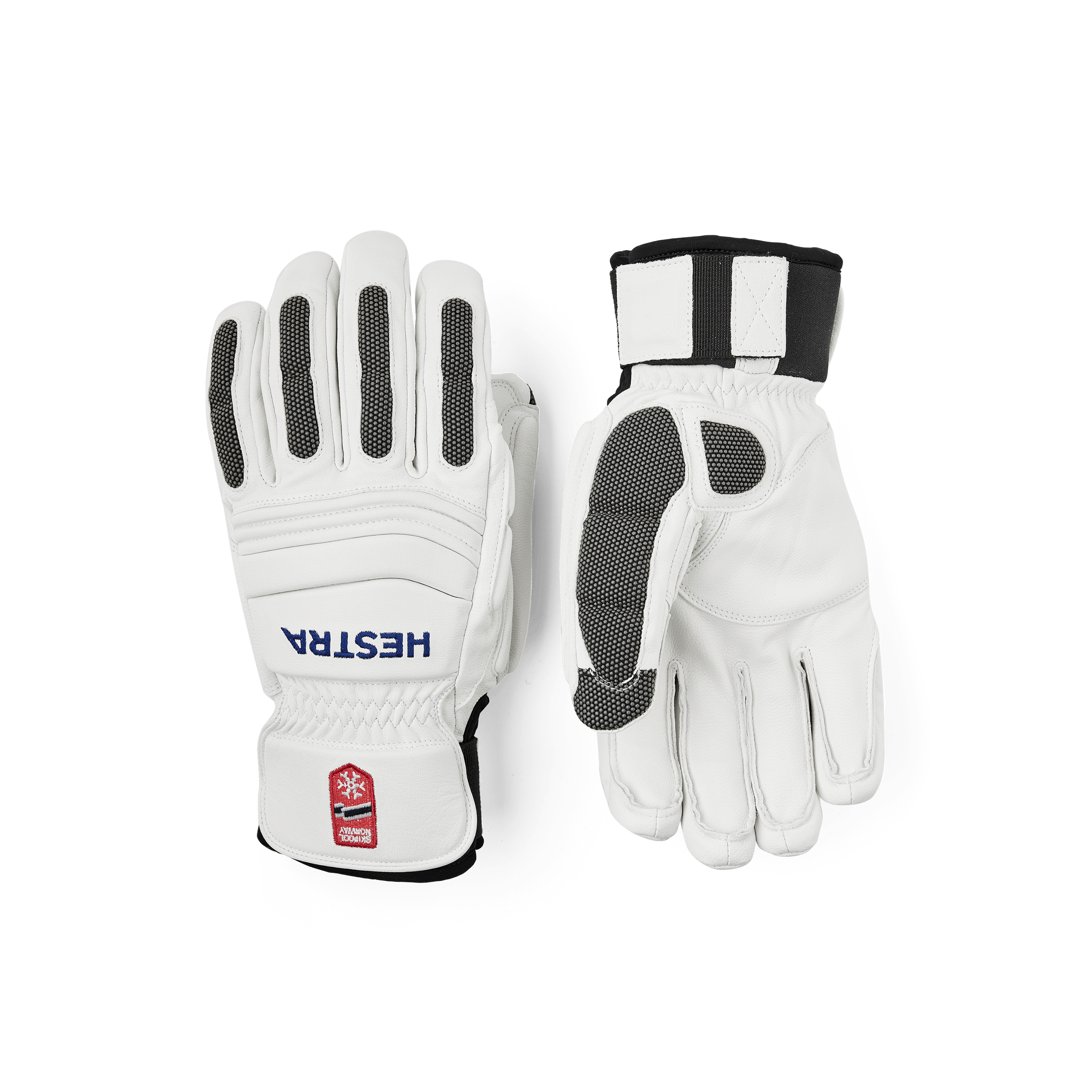 Weißer Skihandschuh aus Ziegenleder mit grauen Protektoren auf der Oberseite
(1 oder 6)